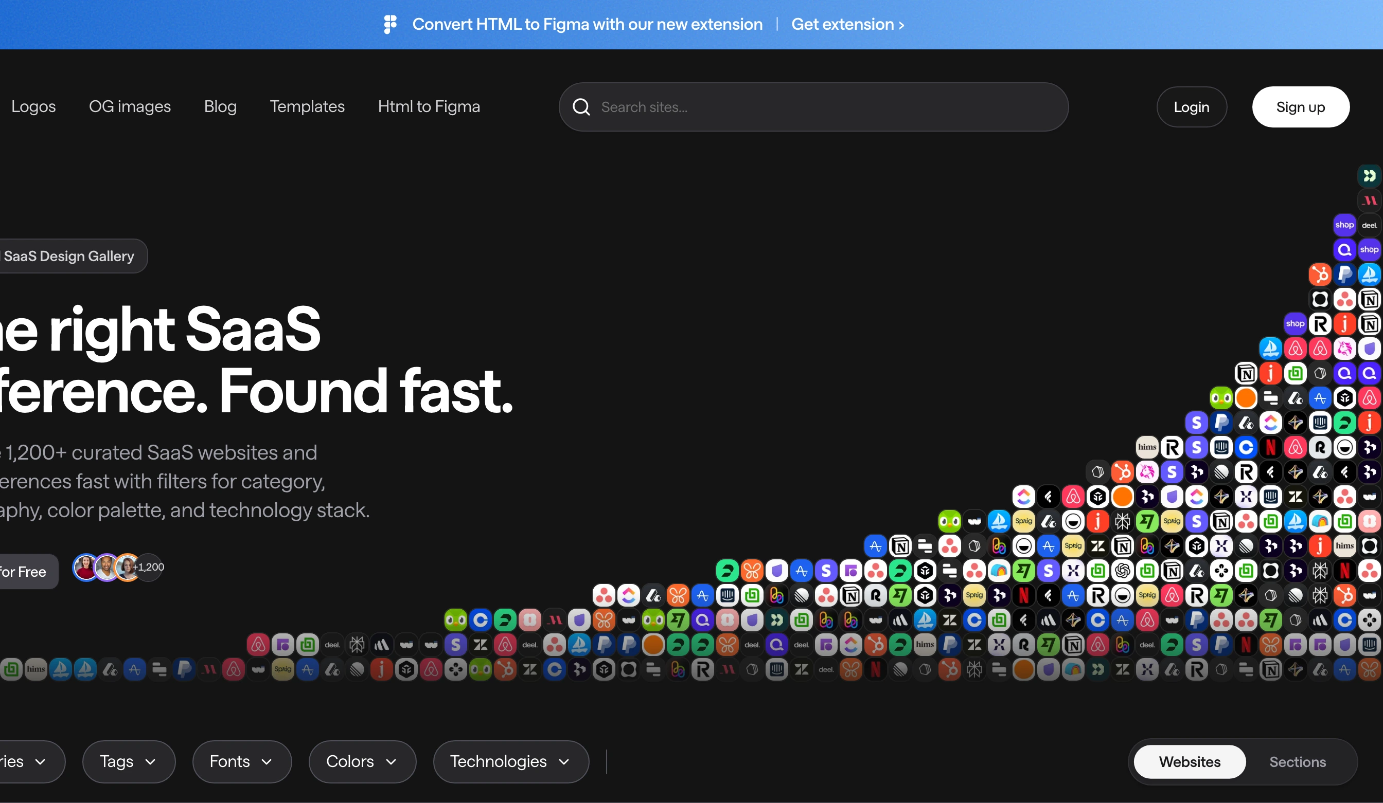 Dark curated directory hero anchored by a sweeping wave of SaaS app icons across the lower right.