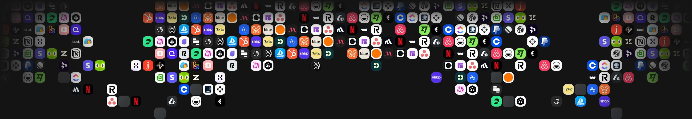 A dense, panoramic wave of colorful brand and app icons drifting across deep black space.