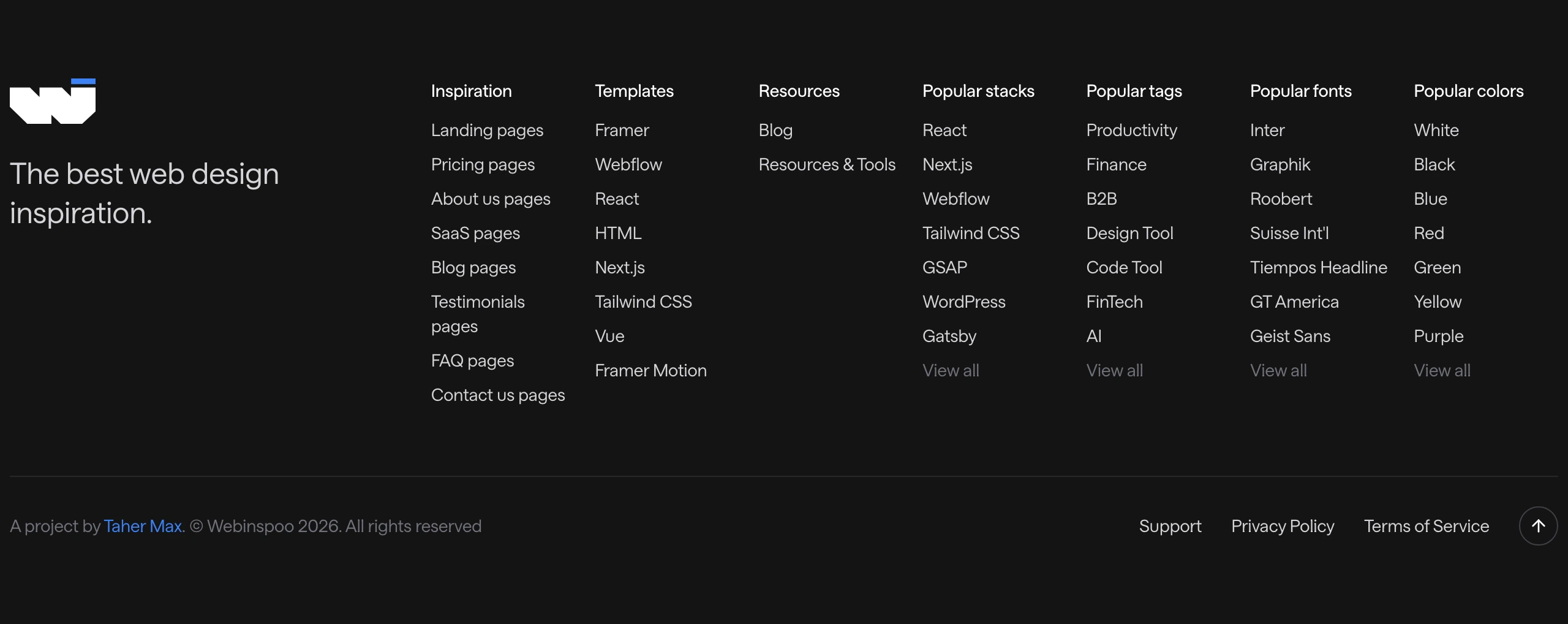 A structured dark multi-column directory footer organizing design inspiration links into dense, utilitarian typographic columns.