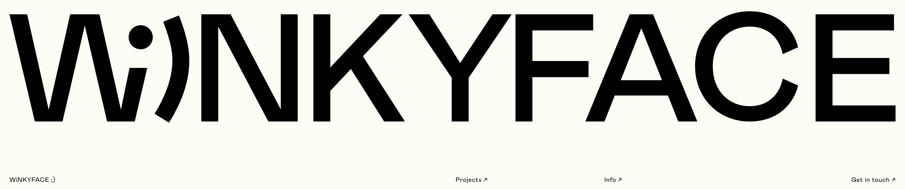 A massive playful typographic wordmark spans across a warm off-white header anchored by sparse minimal navigation links.