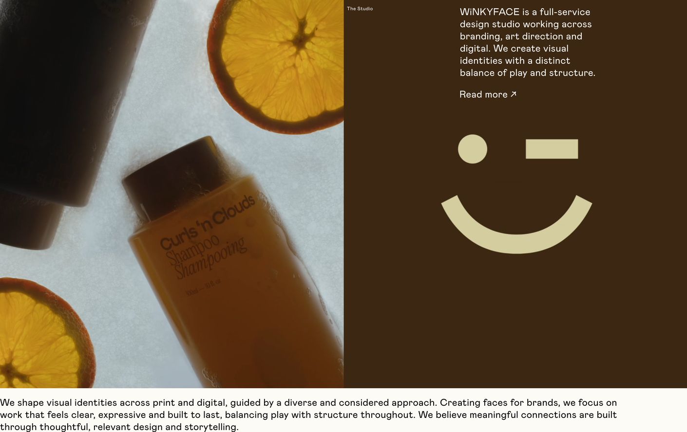 Warm, tactile studio hero pairing backlit citrus photography with a playful minimalist graphic mark and clean editorial copy.