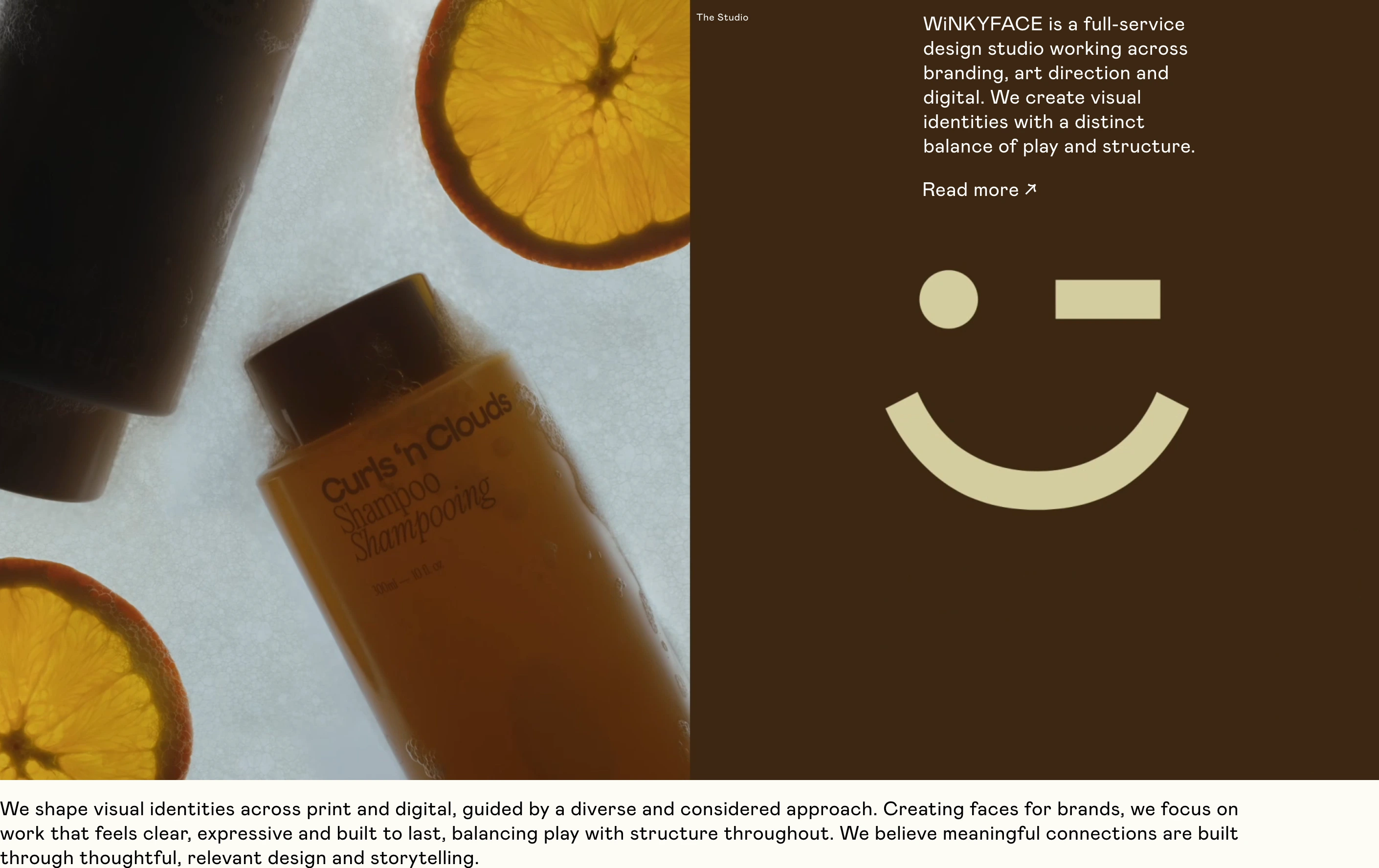 Warm, tactile studio hero pairing backlit citrus photography with a playful minimalist graphic mark and clean editorial copy.