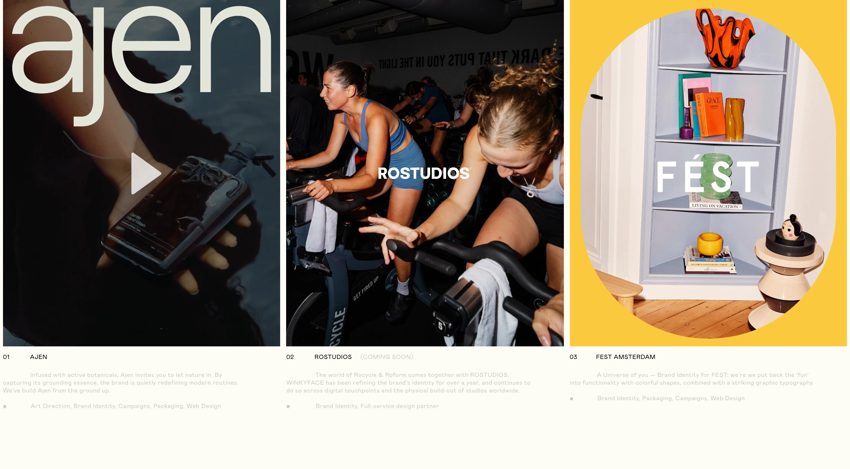 An editorial portfolio grid presenting project case studies with bold photographic covers and restrained metadata beneath.