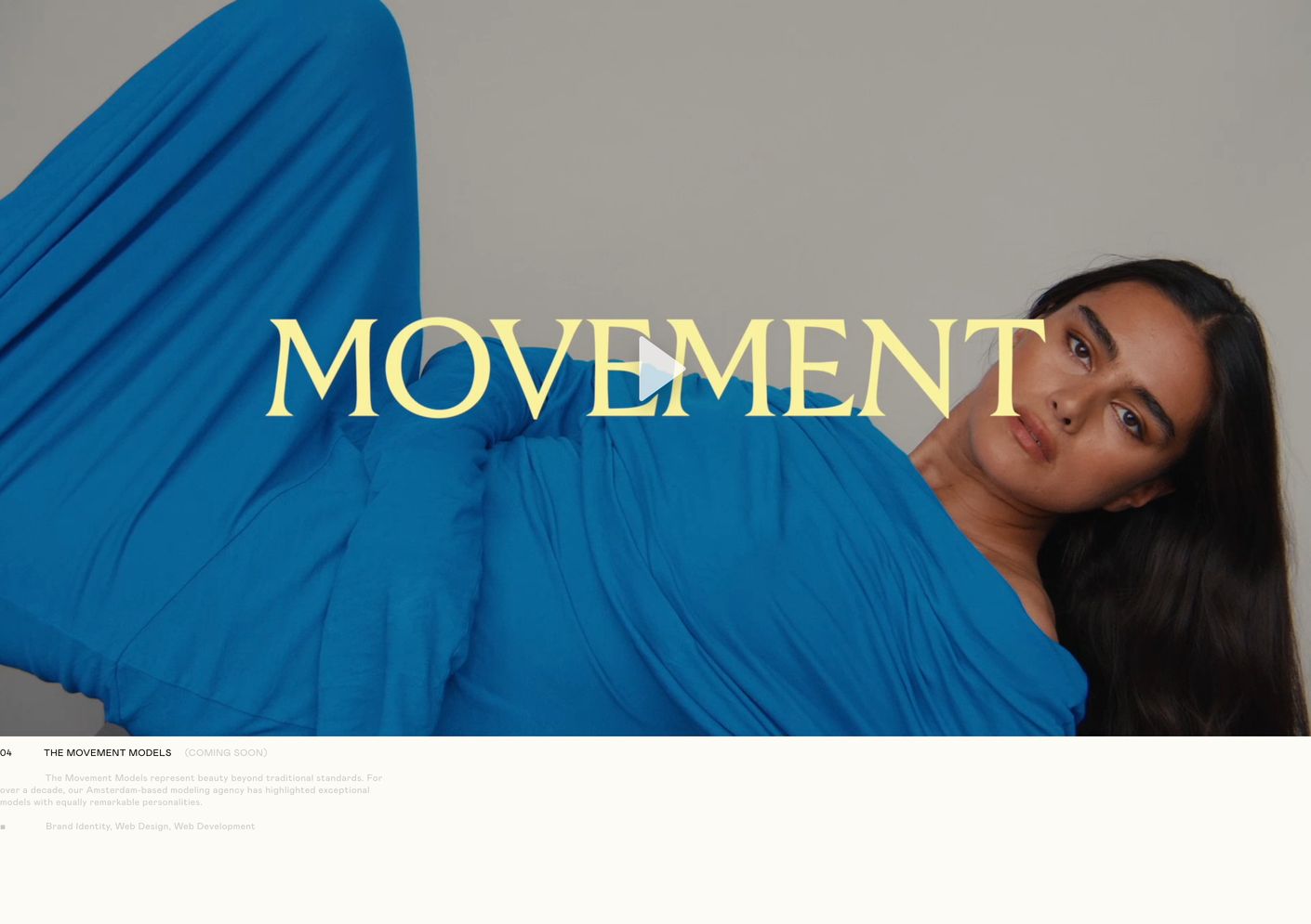 Editorial fashion showcase featuring high-impact photography layered beneath bold display typography and understated project metadata.