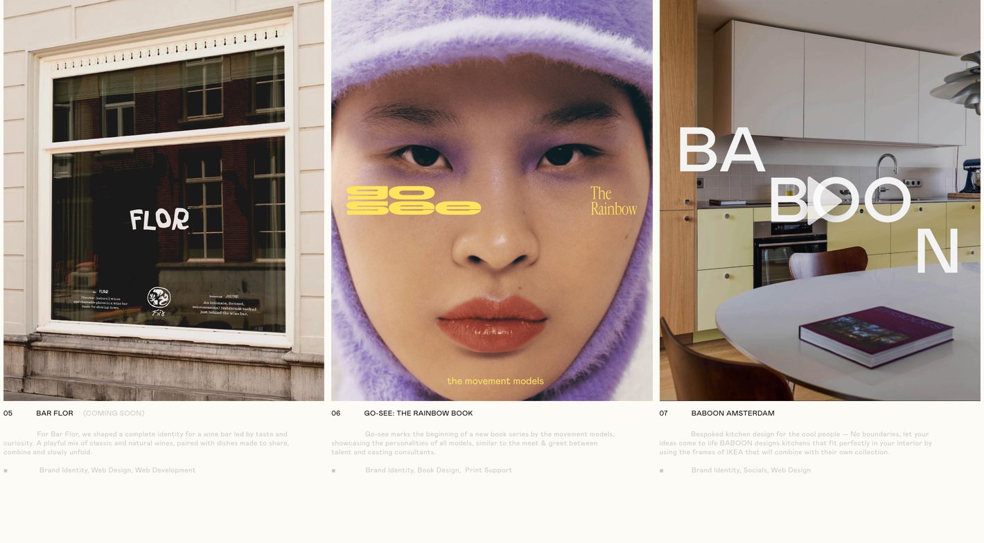 Refined studio portfolio grid pairing tall editorial imagery with structured index numbering and subtle project notes.