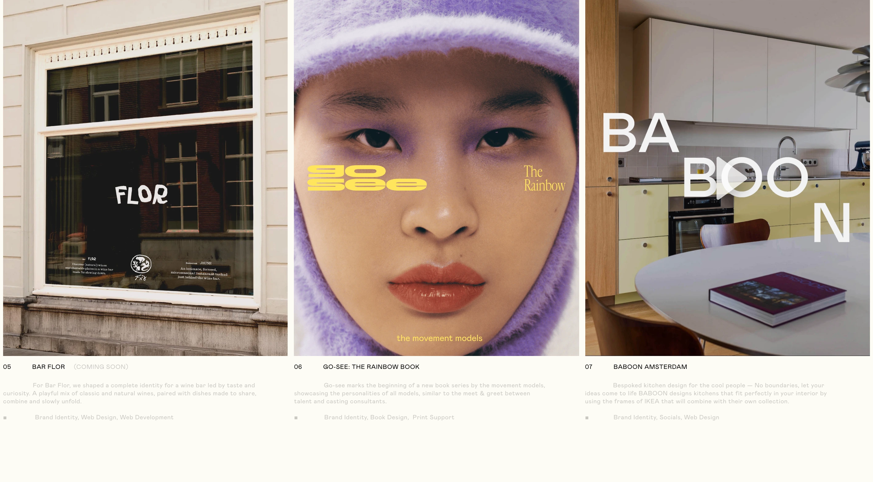 Refined studio portfolio grid pairing tall editorial imagery with structured index numbering and subtle project notes.