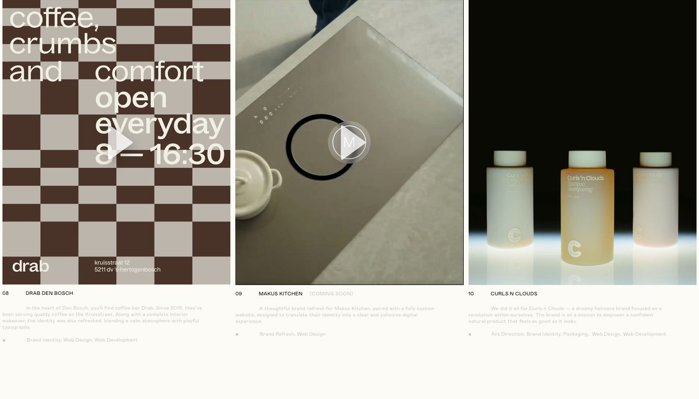 A refined studio work showcase presenting client projects through a balanced three-column grid of rich imagery and quiet editorial captions.