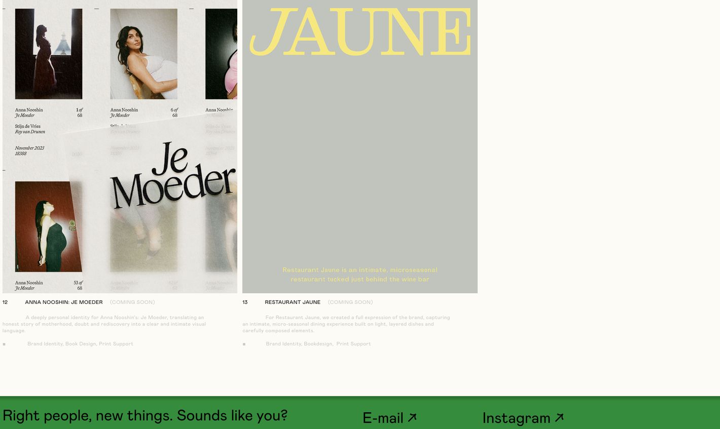 A quiet, meticulous studio index showcasing editorial print projects above a saturated green outreach strip.