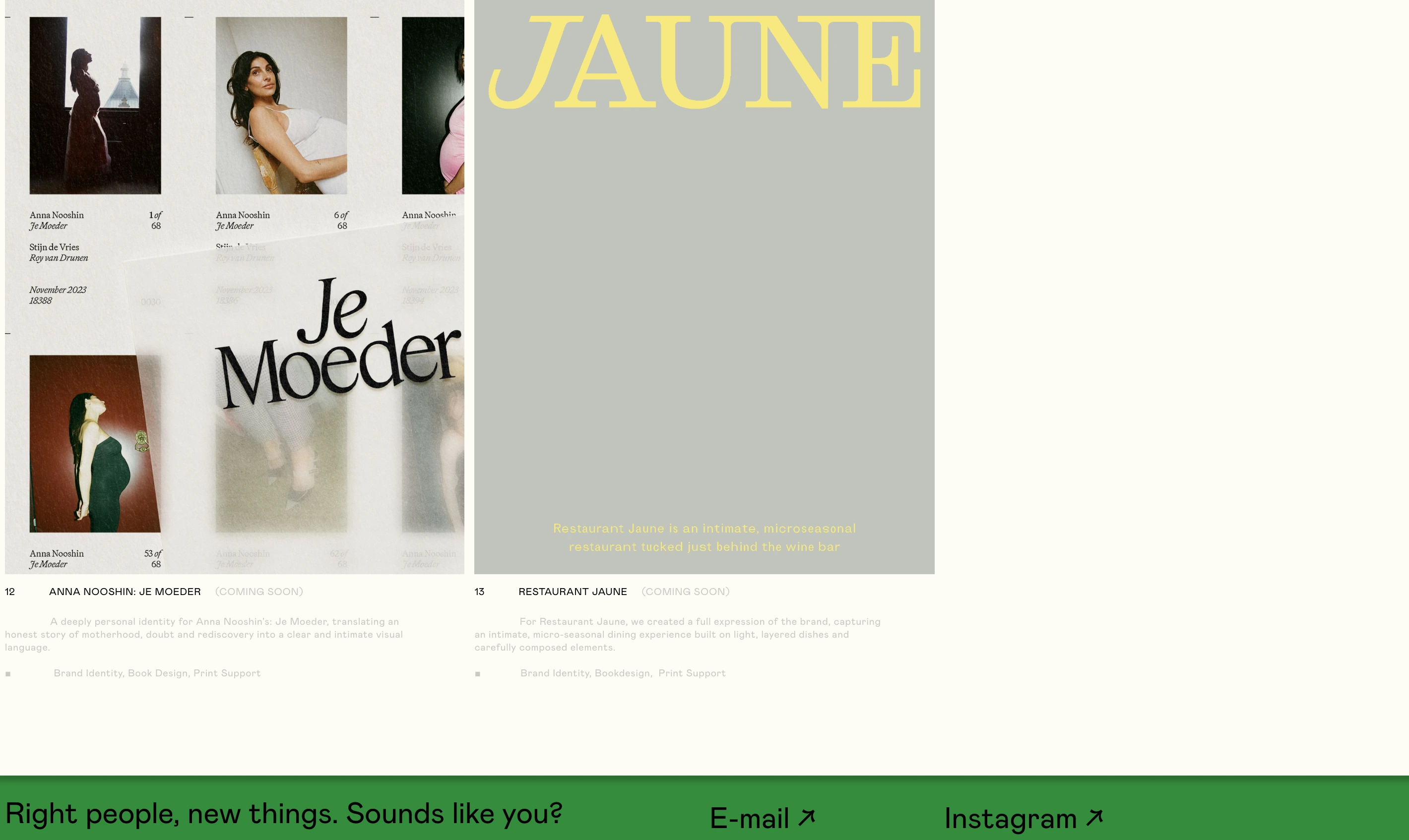 A quiet, meticulous studio index showcasing editorial print projects above a saturated green outreach strip.