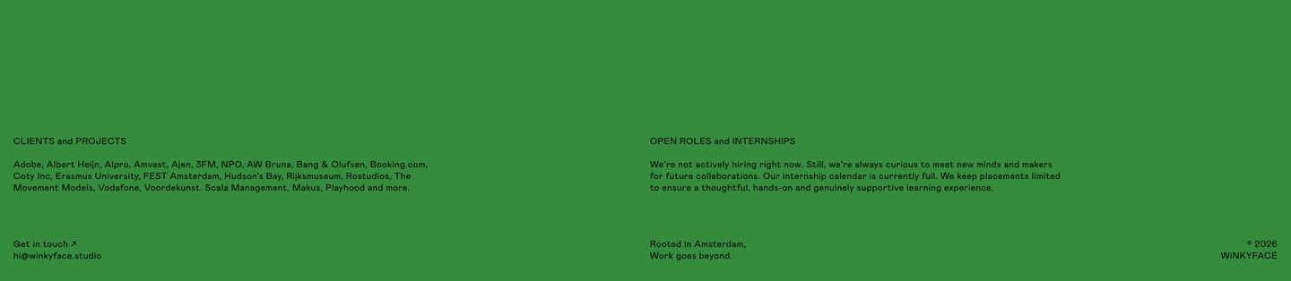 Utilitarian green studio footer structured as a precise multi-column index of clients, contact info, and colophon.