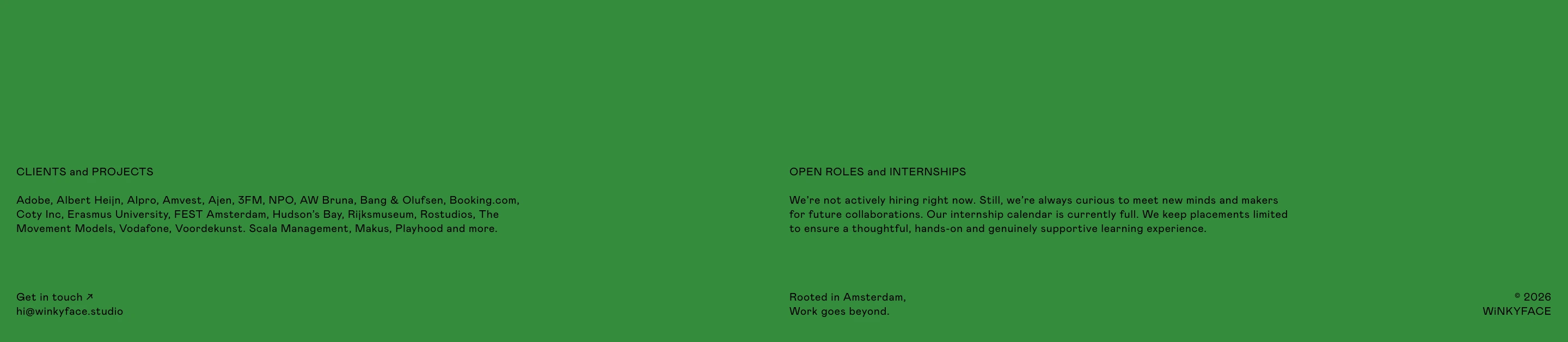 Utilitarian green studio footer structured as a precise multi-column index of clients, contact info, and colophon.