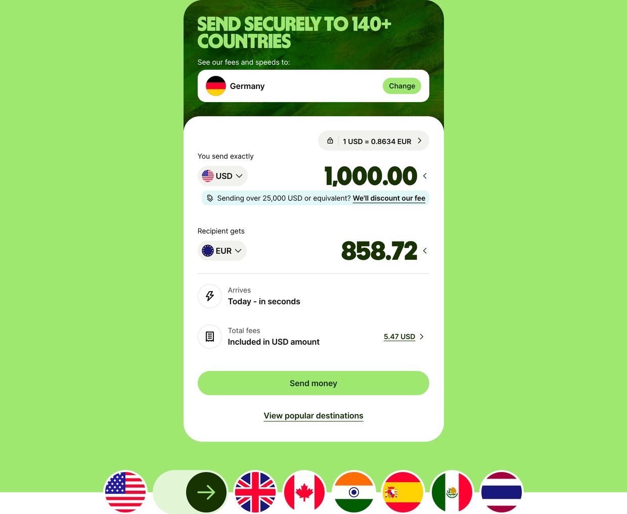Vibrant lime-green interactive transfer widget pairing bold condensed headlines with a crisp, user-friendly currency calculator.