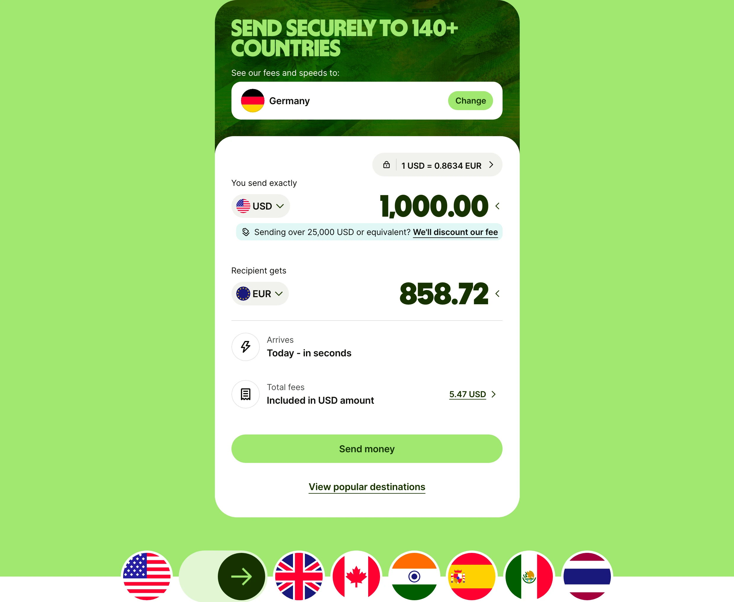 Vibrant lime-green interactive transfer widget pairing bold condensed headlines with a crisp, user-friendly currency calculator.
