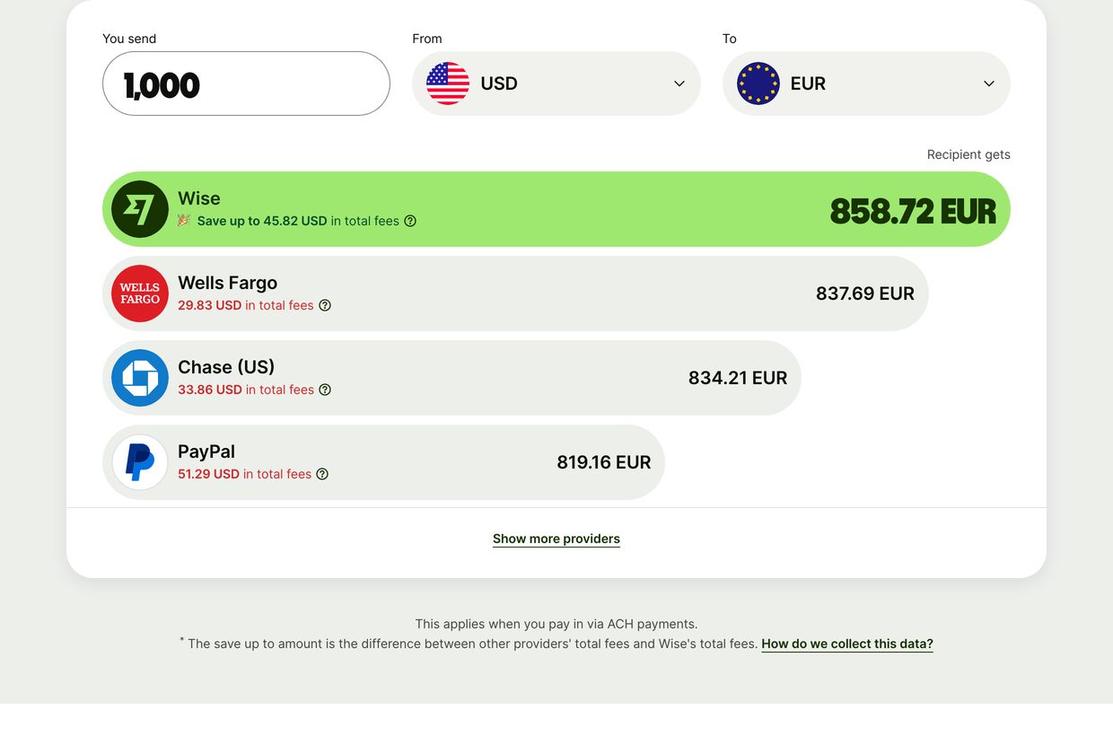Clean interactive fee comparison calculator highlighting superior exchange rates in a vibrant lime green pill against competitors.