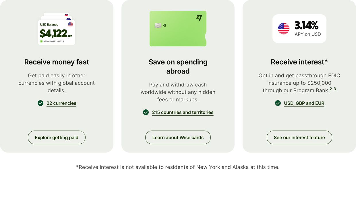 Clean, organized fintech feature trio in soft rounded cards with clear value propositions and subtle graphic badges.