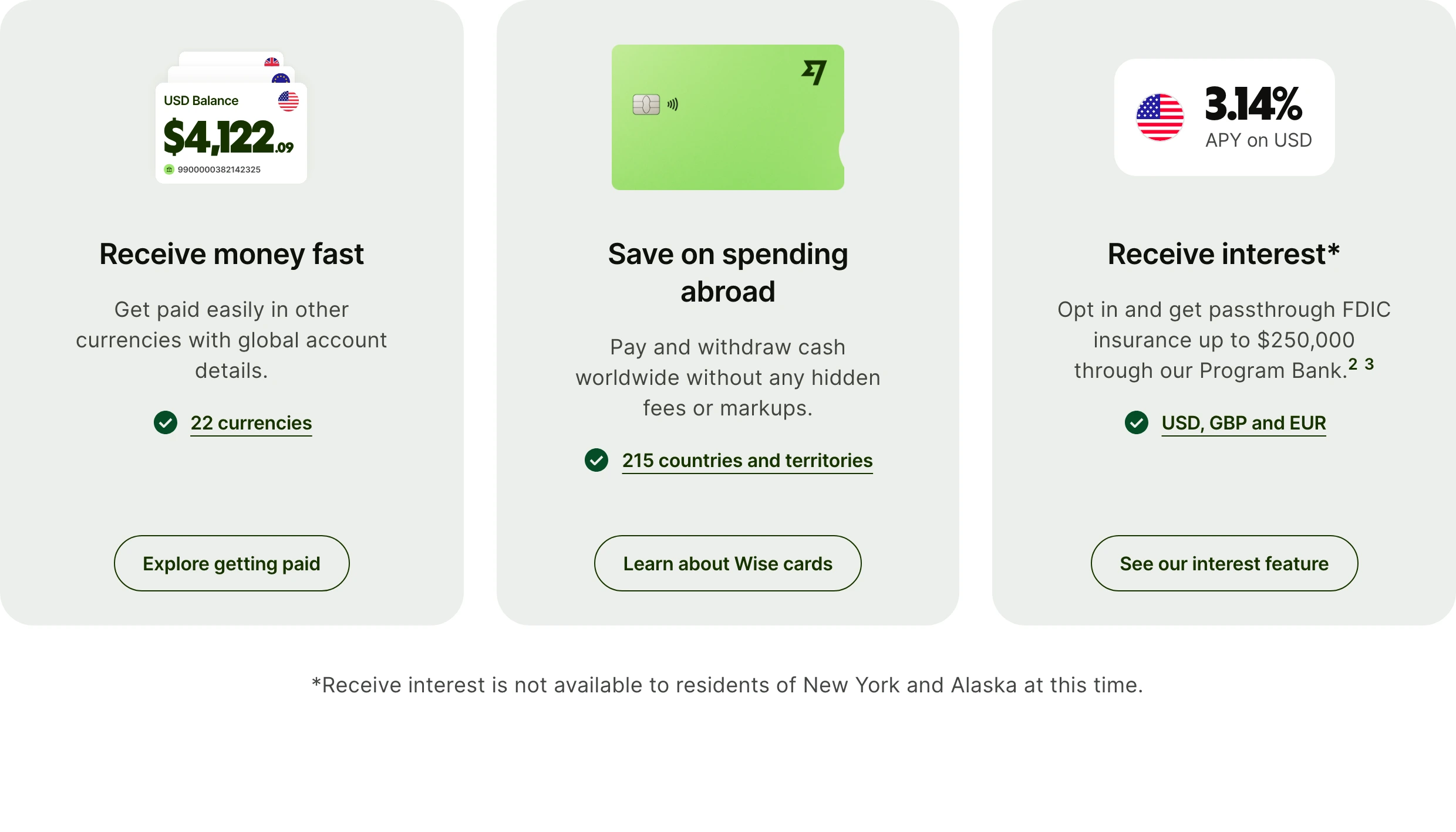 Clean, organized fintech feature trio in soft rounded cards with clear value propositions and subtle graphic badges.