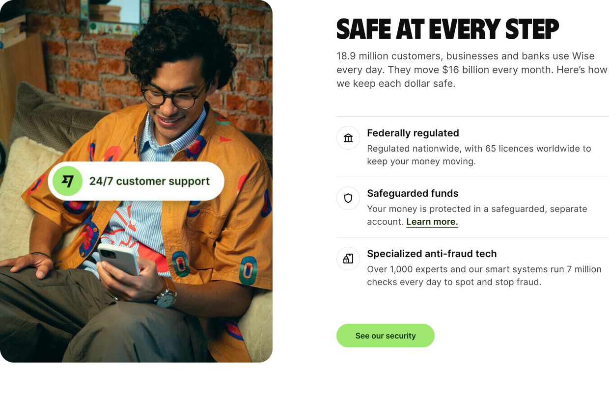 Clean, trustworthy split feature section pairing warm lifestyle photography with confident condensed typography and crisp security bullet points.