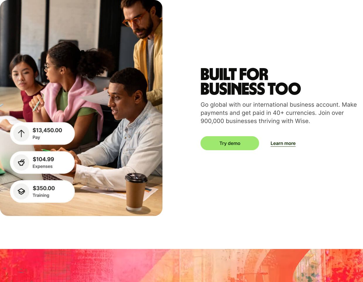 Clean split feature section pairing an authentic workplace photo with ultra-bold typography and floating transaction badges.