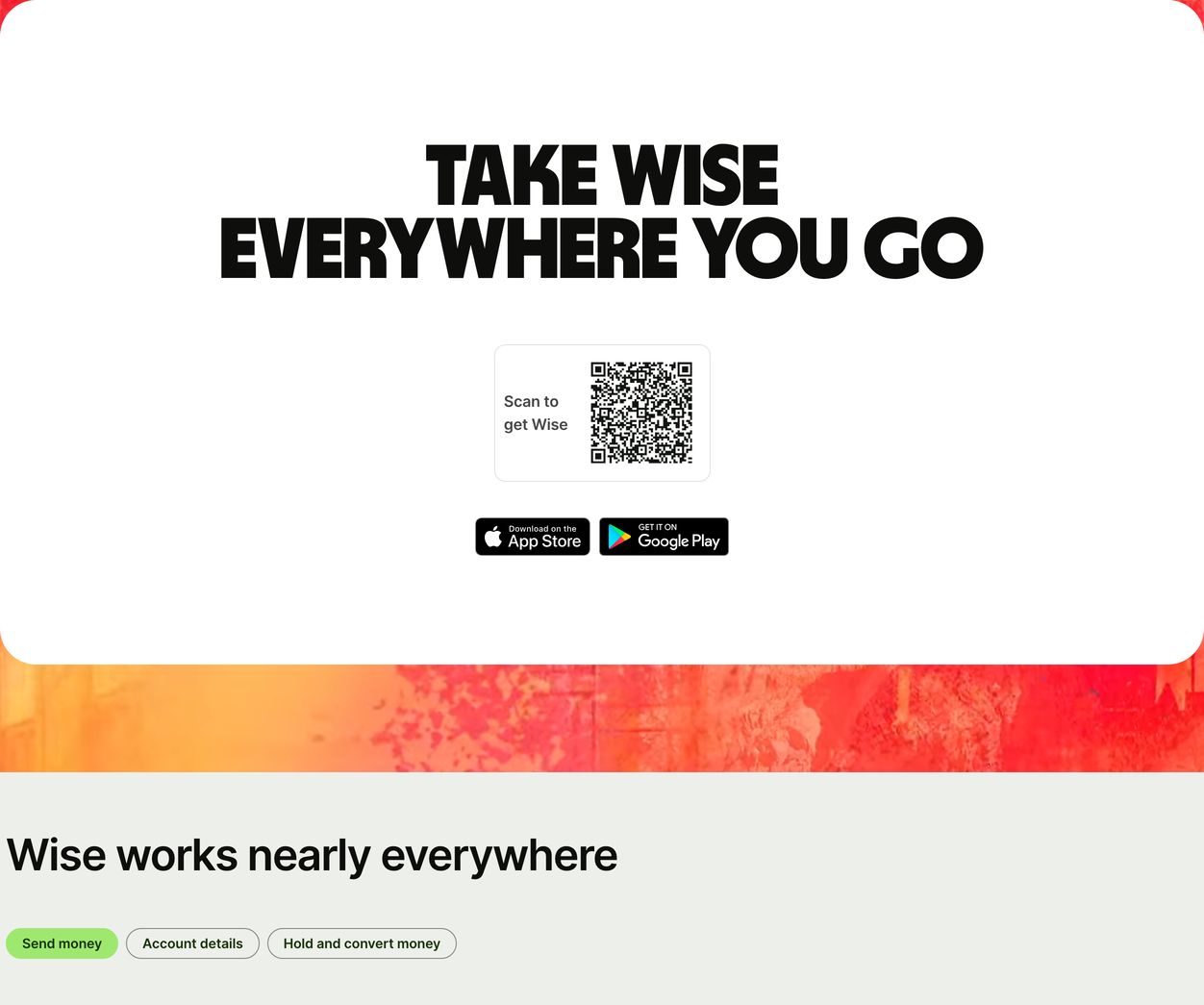 Bold app download CTA centered on massive grotesque type and a QR code card above a vibrant media transition.
