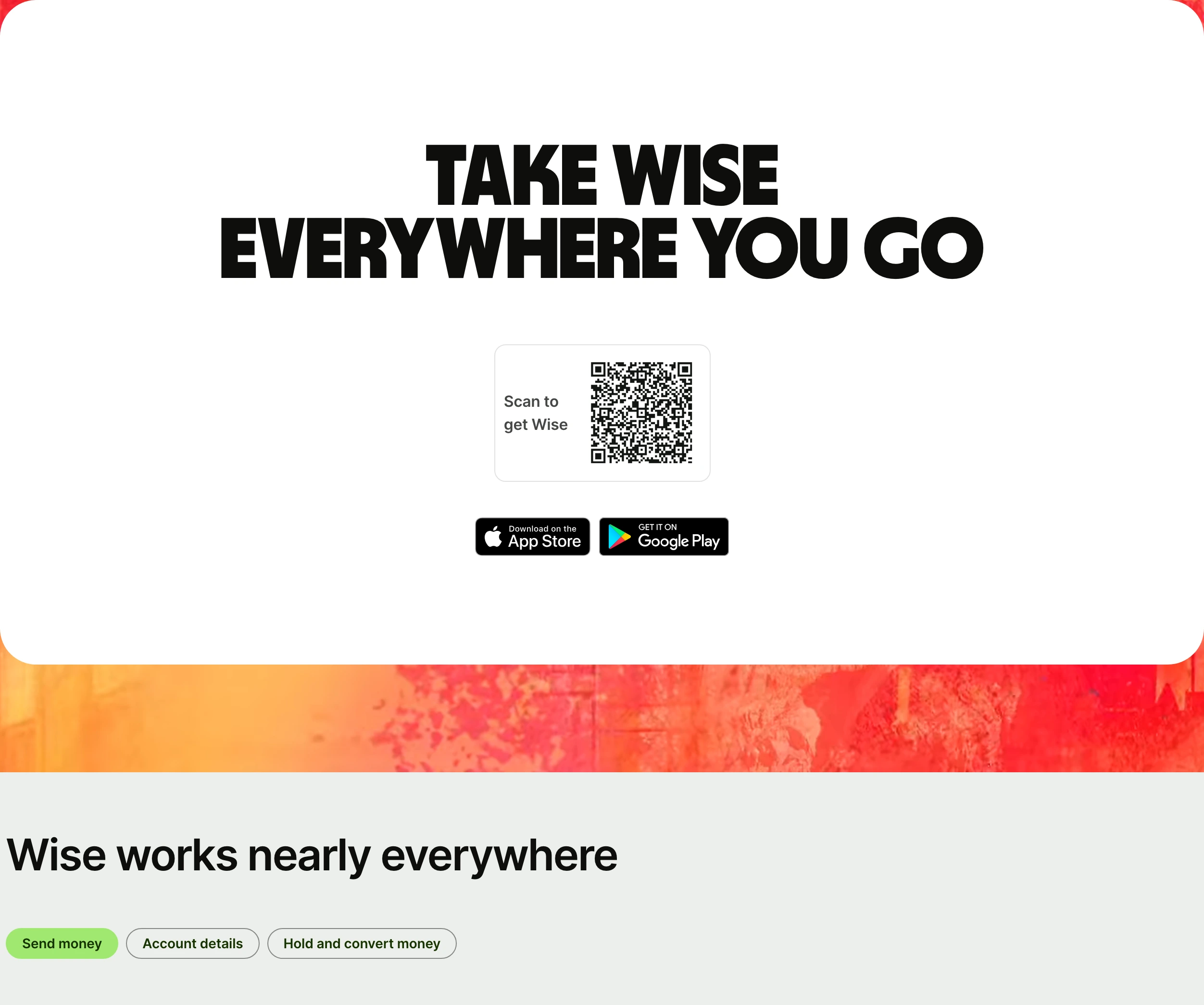 Bold app download CTA centered on massive grotesque type and a QR code card above a vibrant media transition.