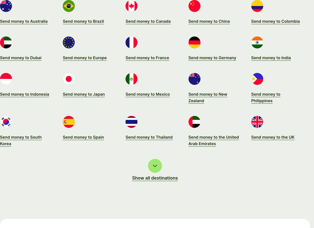 A clean, functional grid of destination countries paired with circular flag icons over a neutral background.
