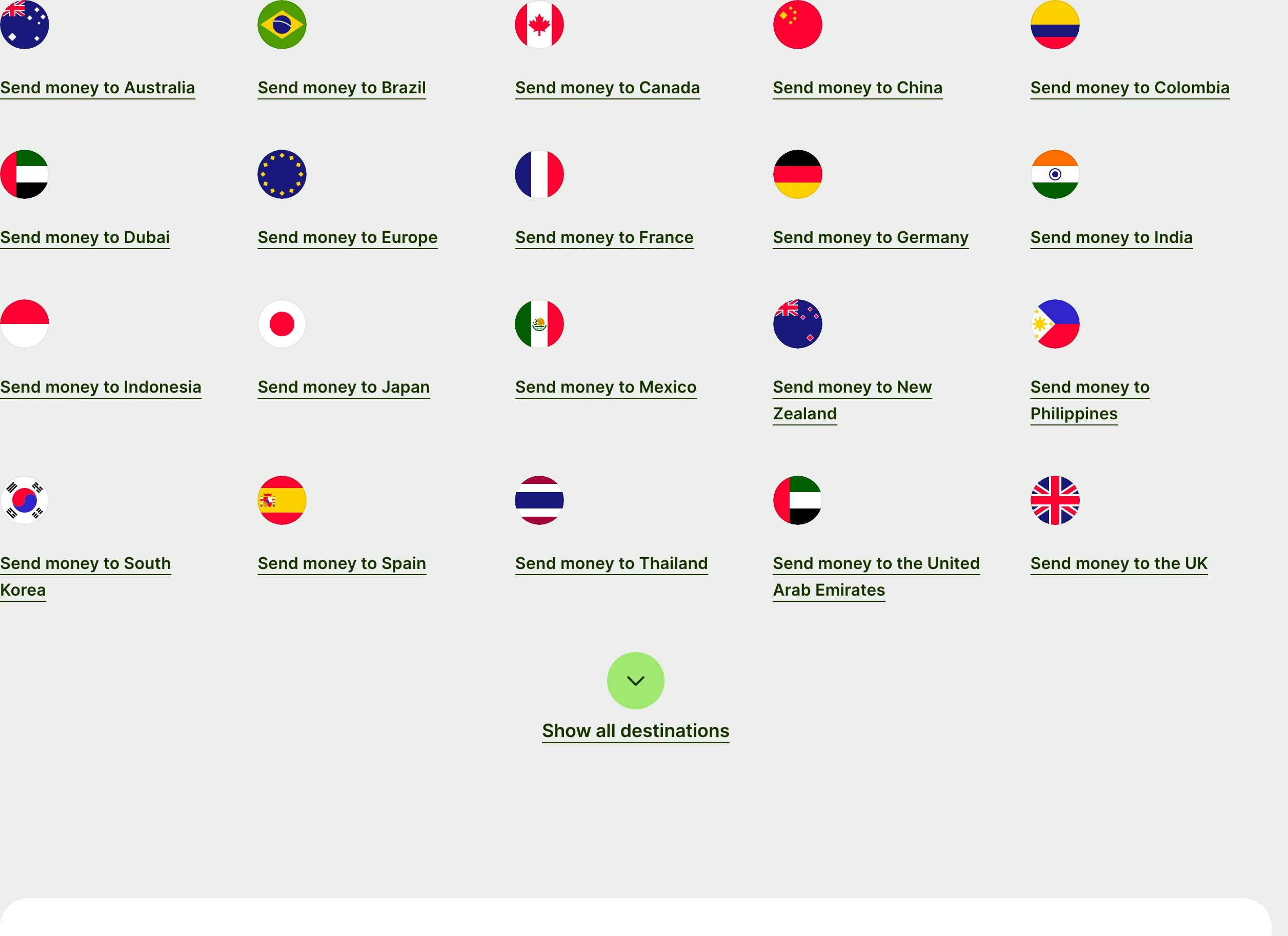 A clean, functional grid of destination countries paired with circular flag icons over a neutral background.