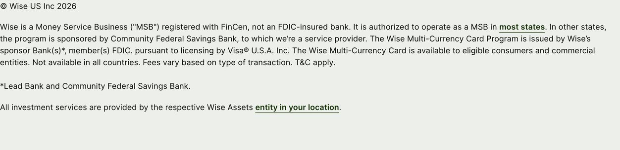 Sparse, functional legal disclaimer with dense regulatory small print set against an understated background.