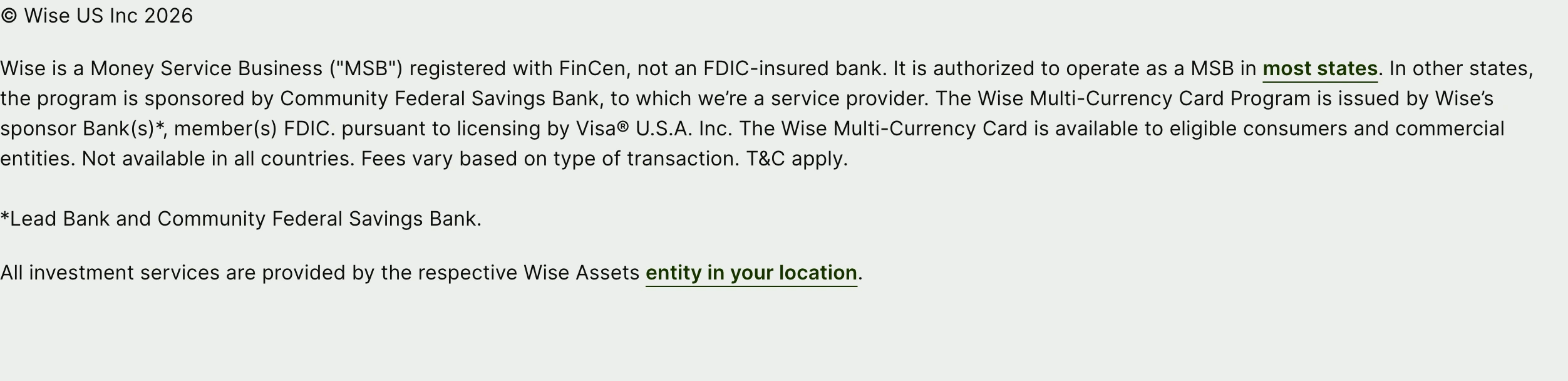 Sparse, functional legal disclaimer with dense regulatory small print set against an understated background.