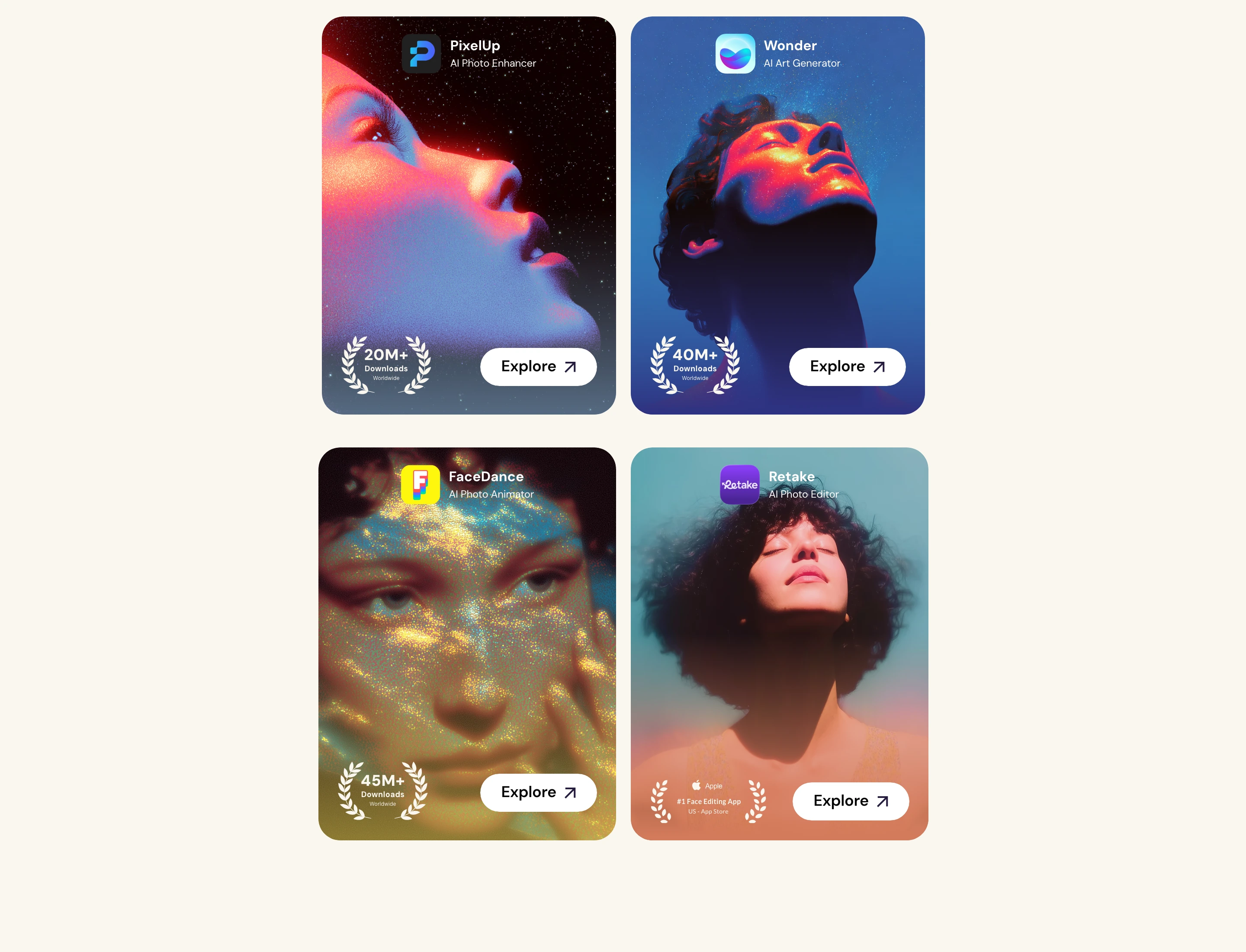 A balanced 2x2 grid of luminous, AI-generated portrait cards showcasing mobile apps with download badges and clean call-to-action buttons.