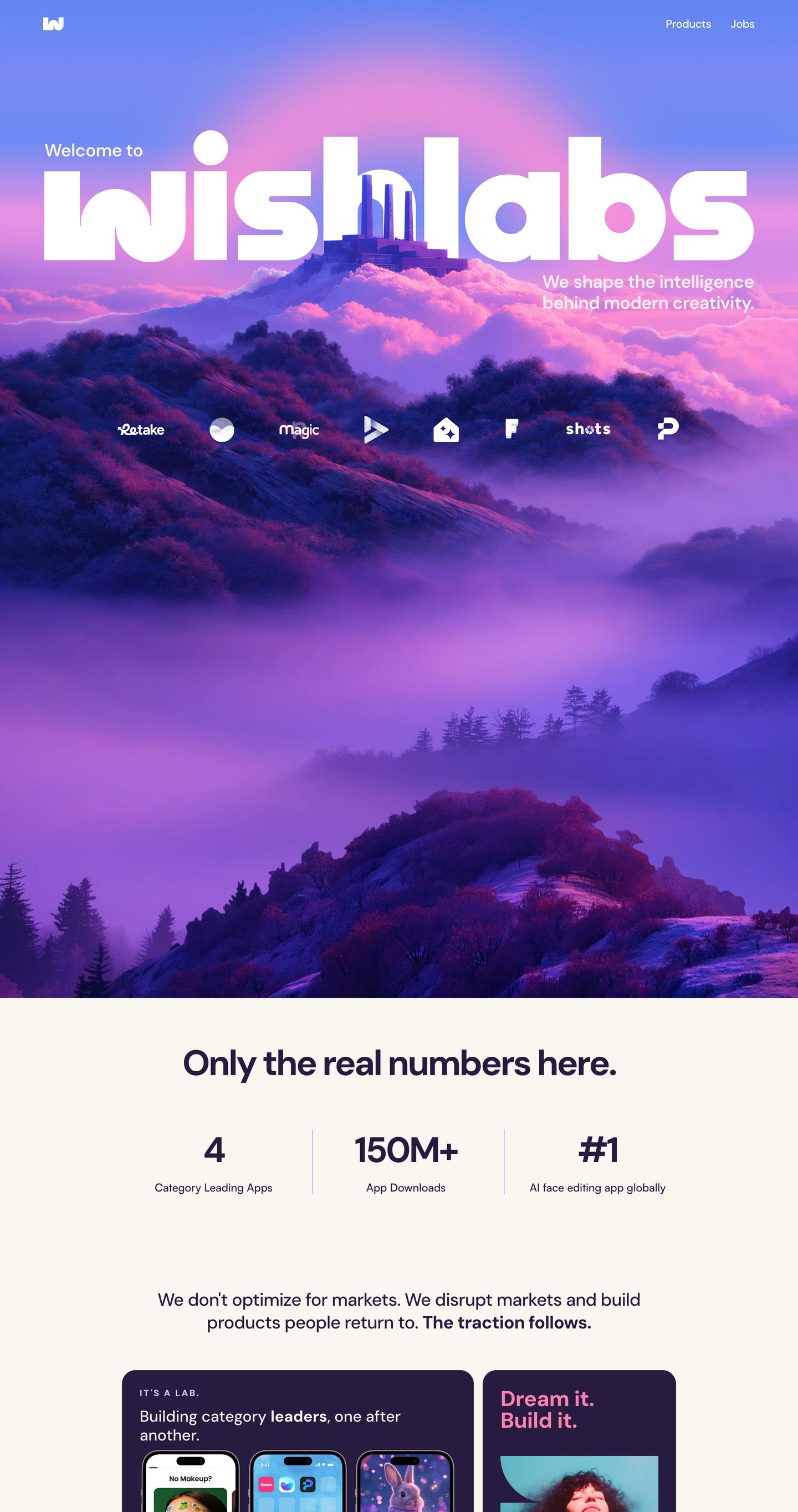 An ethereal purple mountain vista anchors an oversized brand masthead before giving way to crisp metrics.