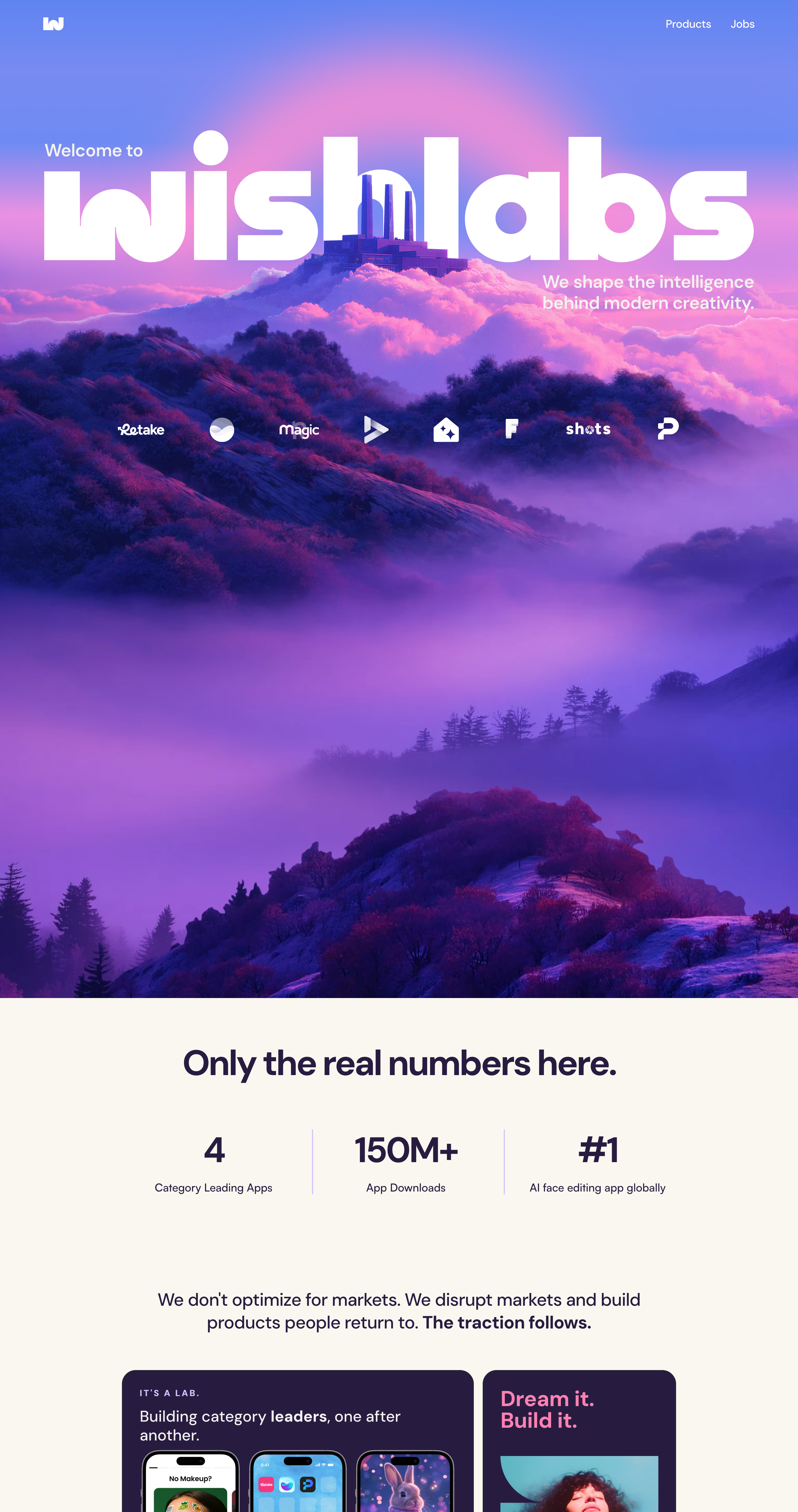 An ethereal purple mountain vista anchors an oversized brand masthead before giving way to crisp metrics.