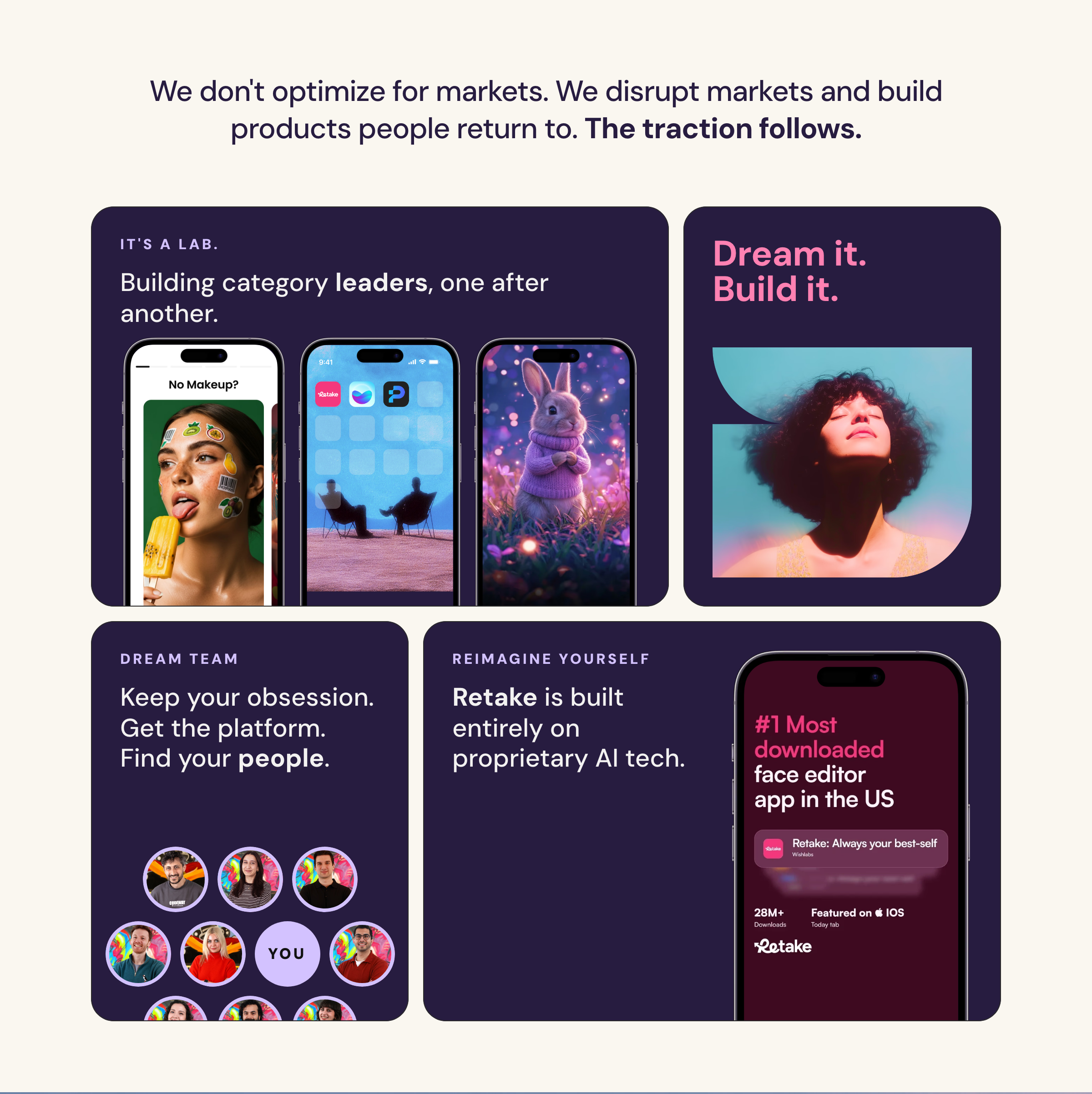 Rich purple bento grid on warm cream, pairing crisp smartphone app mockups with playful consumer tech visuals.