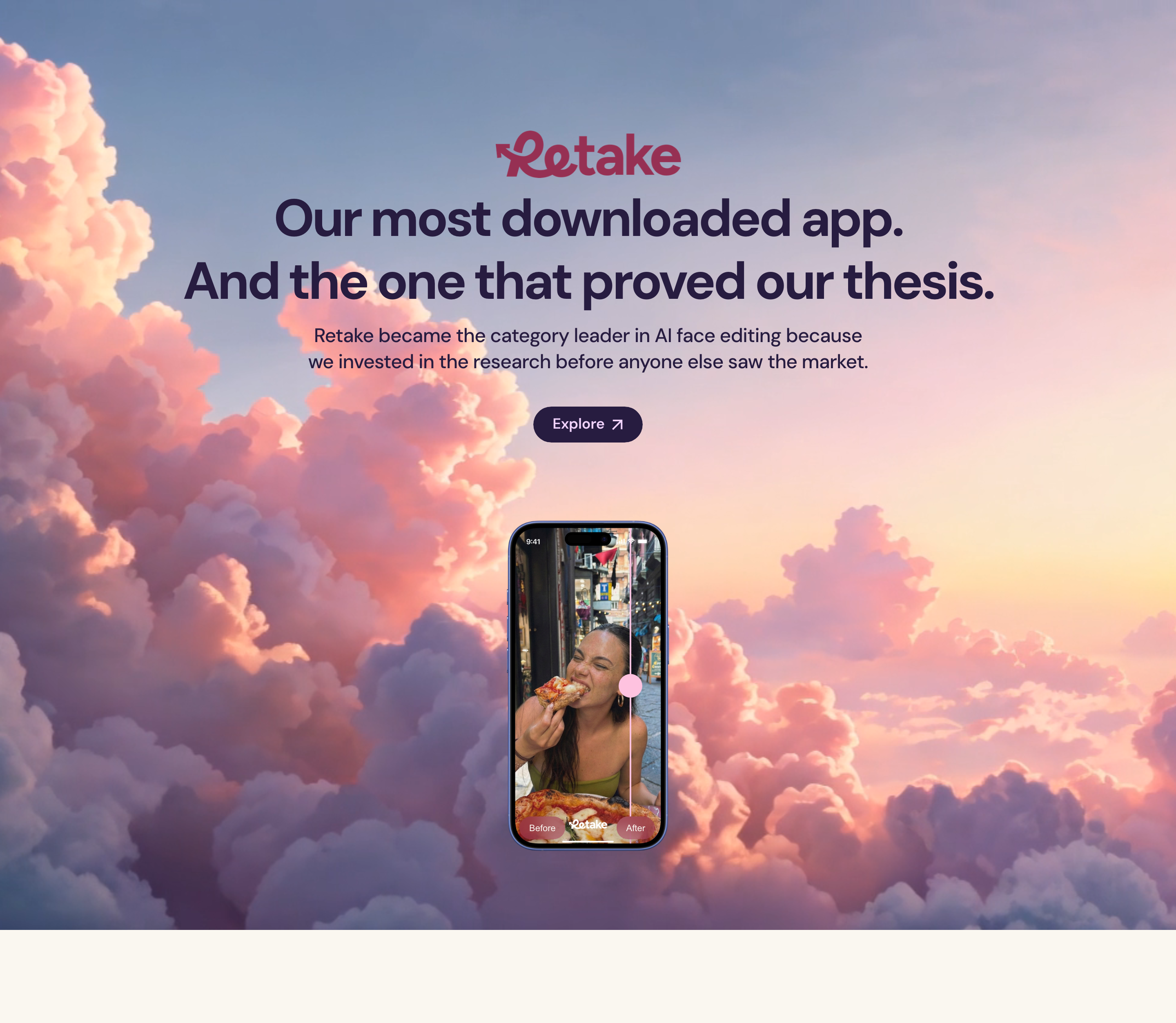 Dreamy sunset cloudscape framing a centered mobile product showcase with confident statement typography.