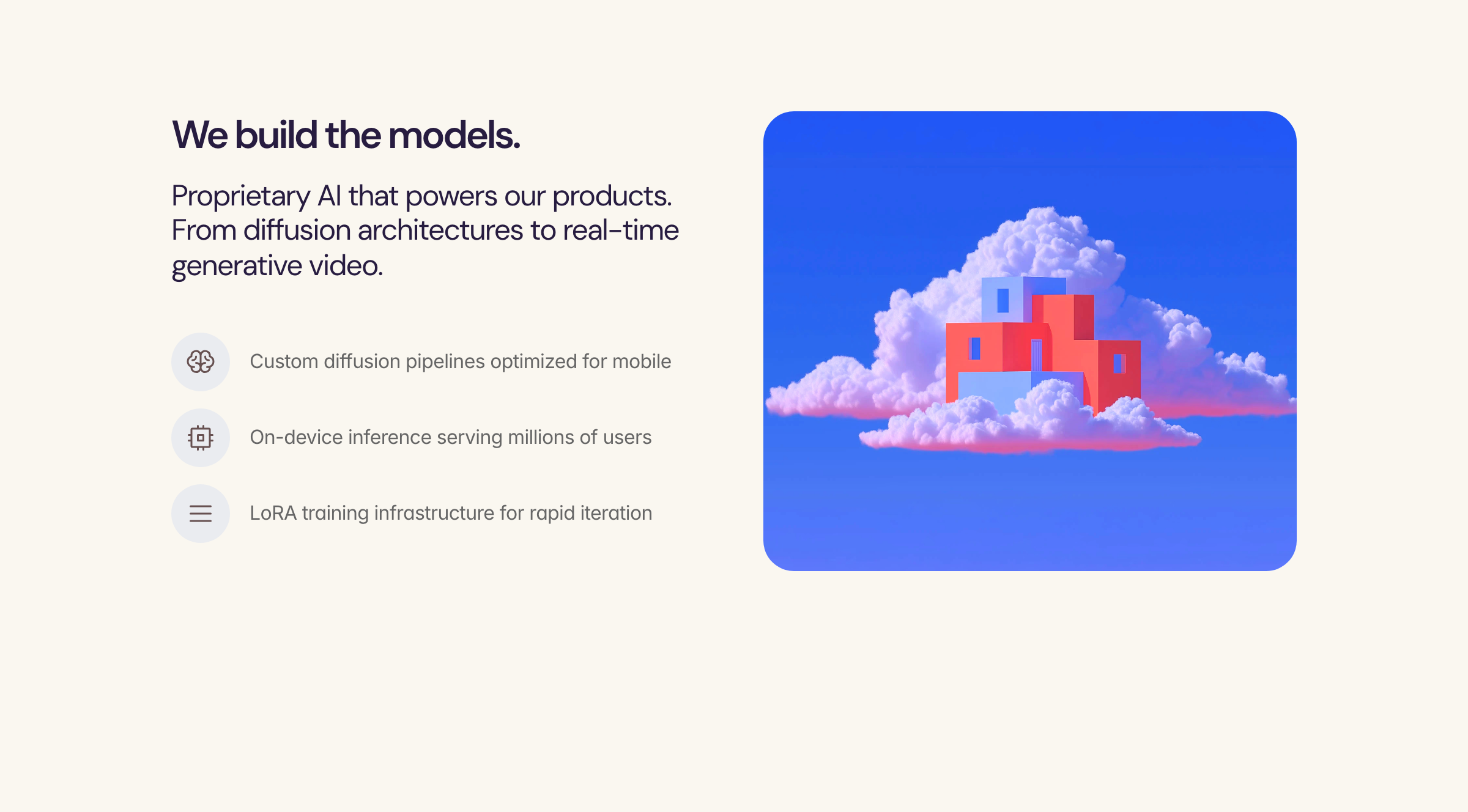 Soft and airy split feature section pairing structured technical capabilities with a dreamy 3D architectural cloud visual.