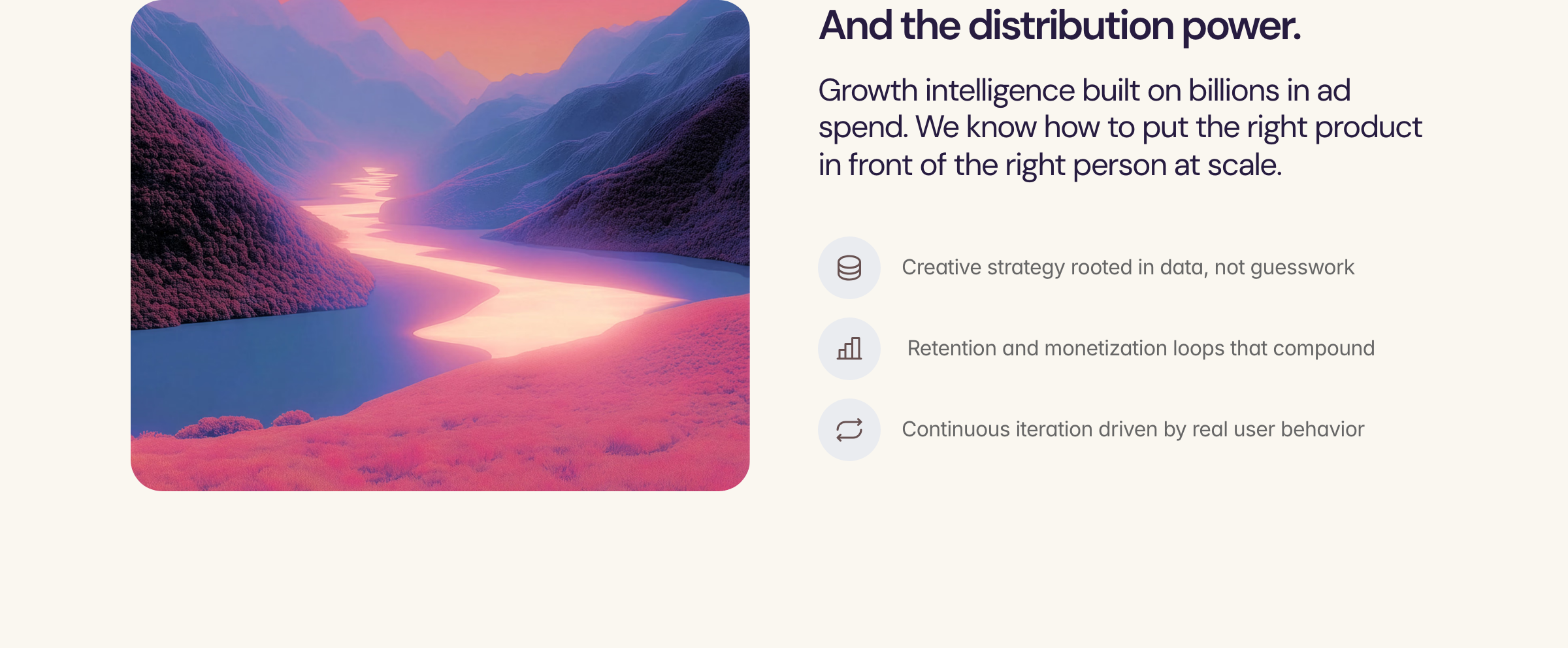 Luminous and tranquil feature block pairing an ethereal glowing landscape rendering with clean, warm editorial typography.