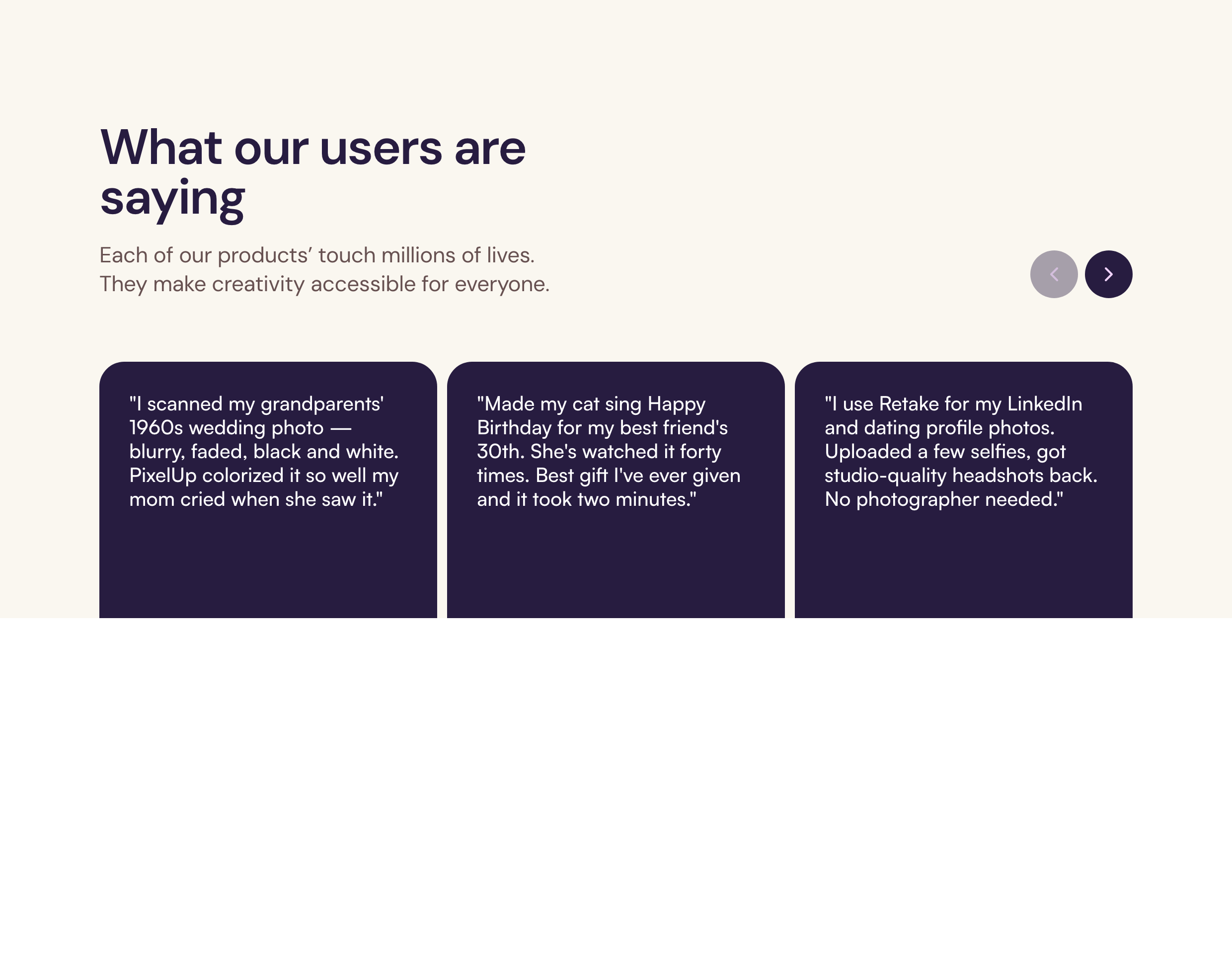 High-contrast dark purple quote cards resting on a warm cream background create a calm and approachable testimonial carousel.