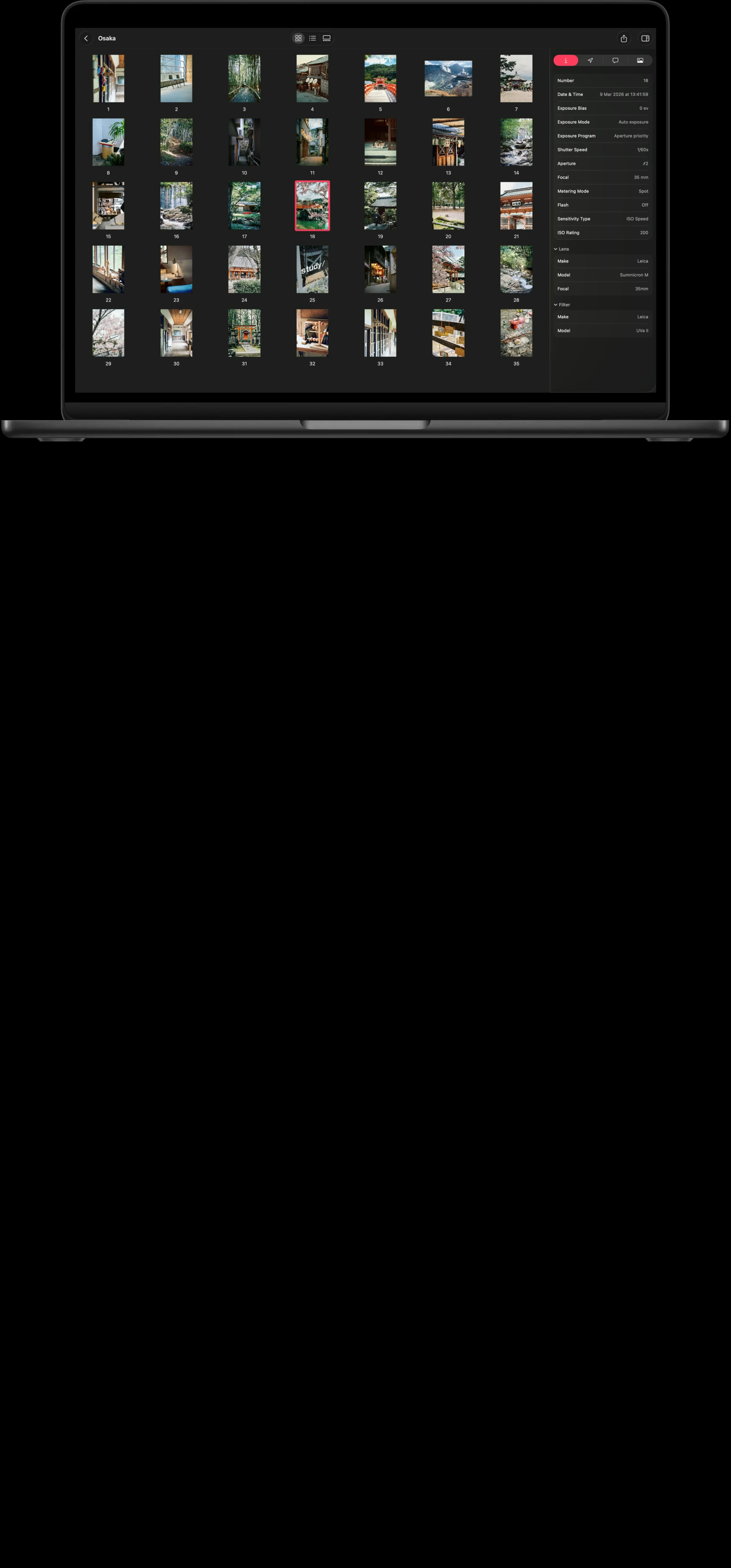 Precise, dark-mode technical showcase displaying a rich photo grid and EXIF metadata panel inside a laptop frame.