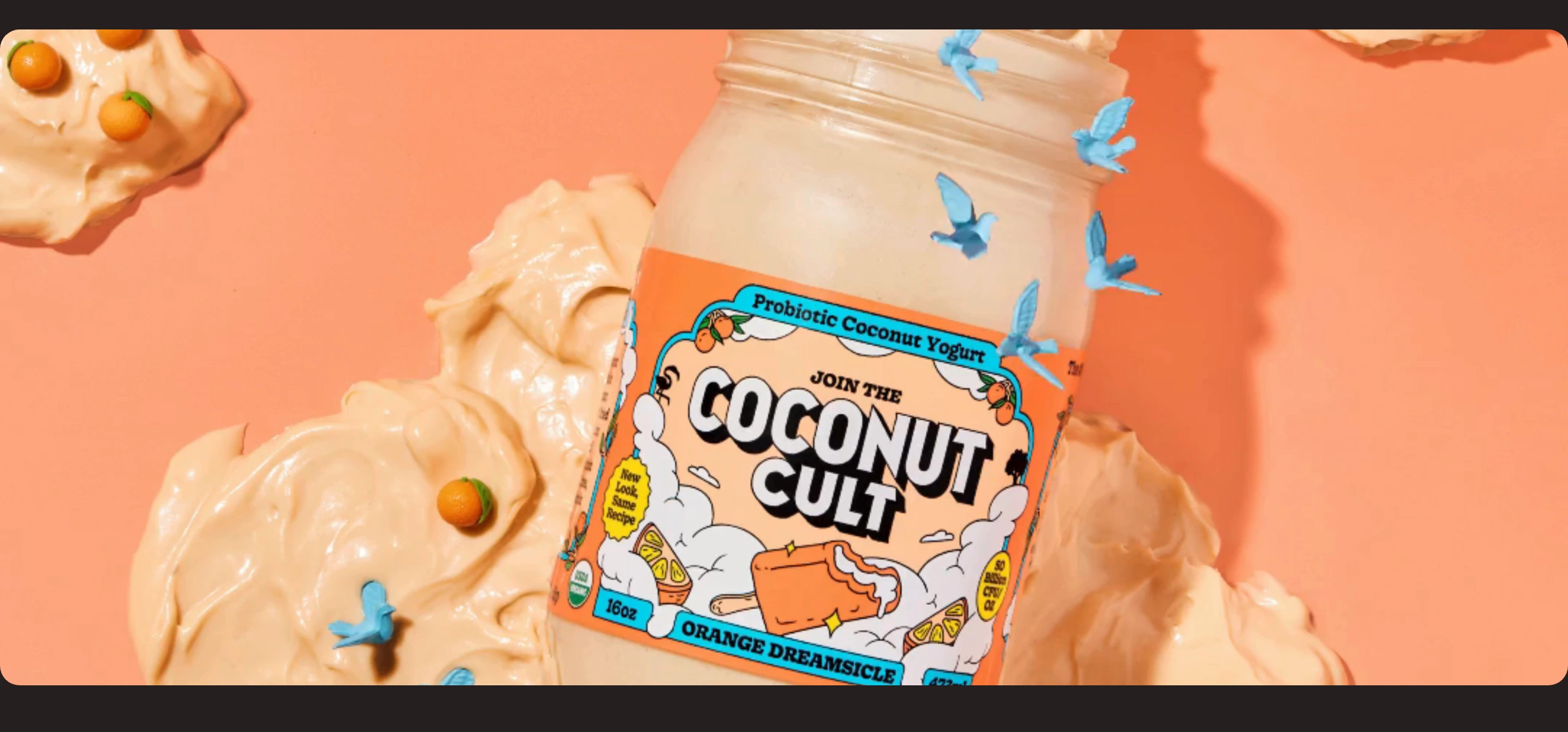 Whimsical, tactile product showcase surrounded by thick swirls of cream, tiny oranges, and floating blue birds against a warm peachy backdrop.