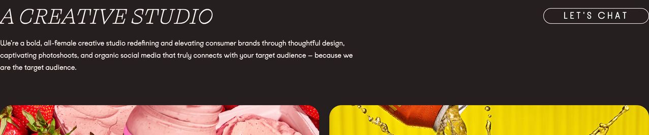 An intimate, editorial agency introduction set on dark espresso with delicate italicized typography and minimal pill navigation.
