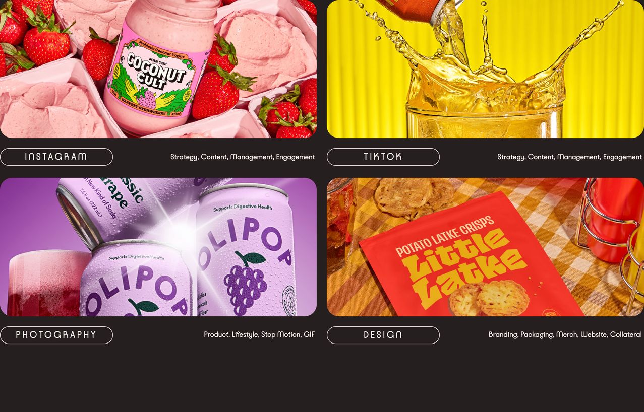 Vibrant, high-saturation product photography pops cleanly against a dark chocolate background in an organized grid of portfolio service cards.