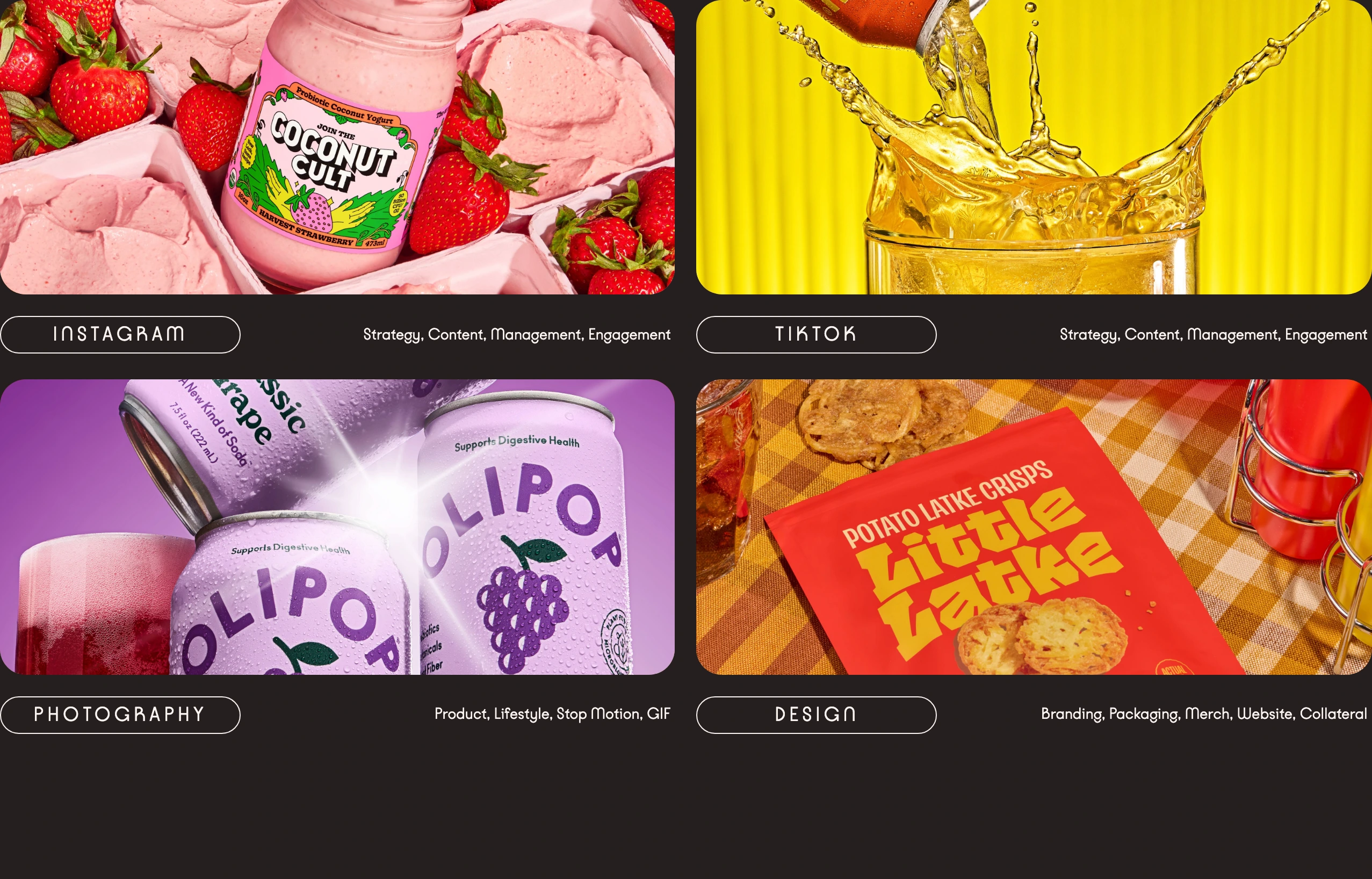 Vibrant, high-saturation product photography pops cleanly against a dark chocolate background in an organized grid of portfolio service cards.