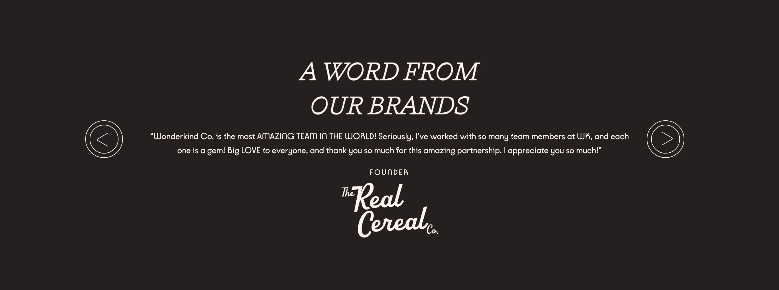 An elegant, dark-toned testimonial carousel balancing italic display serifs with warm typography and minimalist slider navigation.