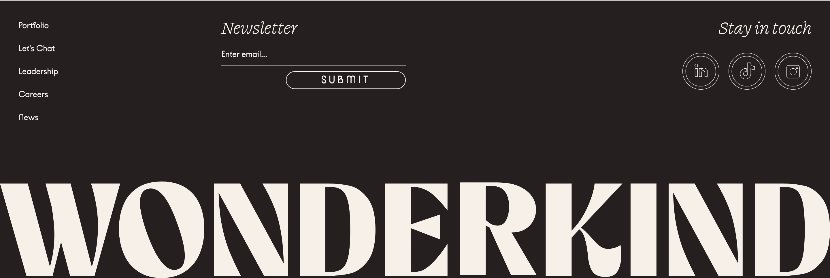 Dark, refined editorial footer anchored by a massive typographic wordmark spanning the lower border.