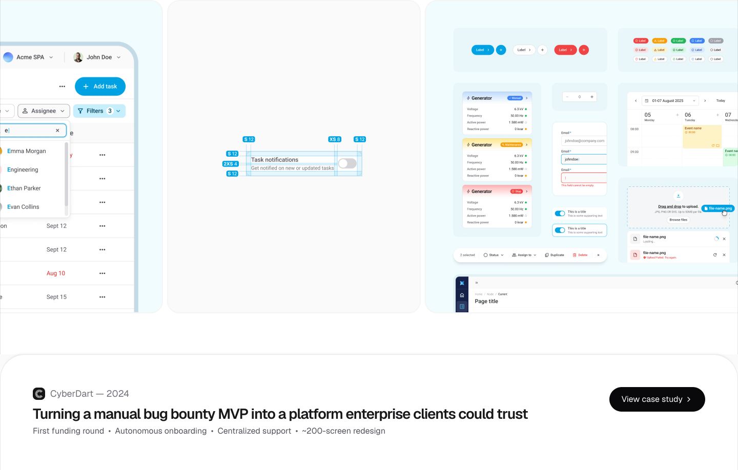 A clean portfolio case study showcase displaying layered product UI design system components over a stark white backdrop.