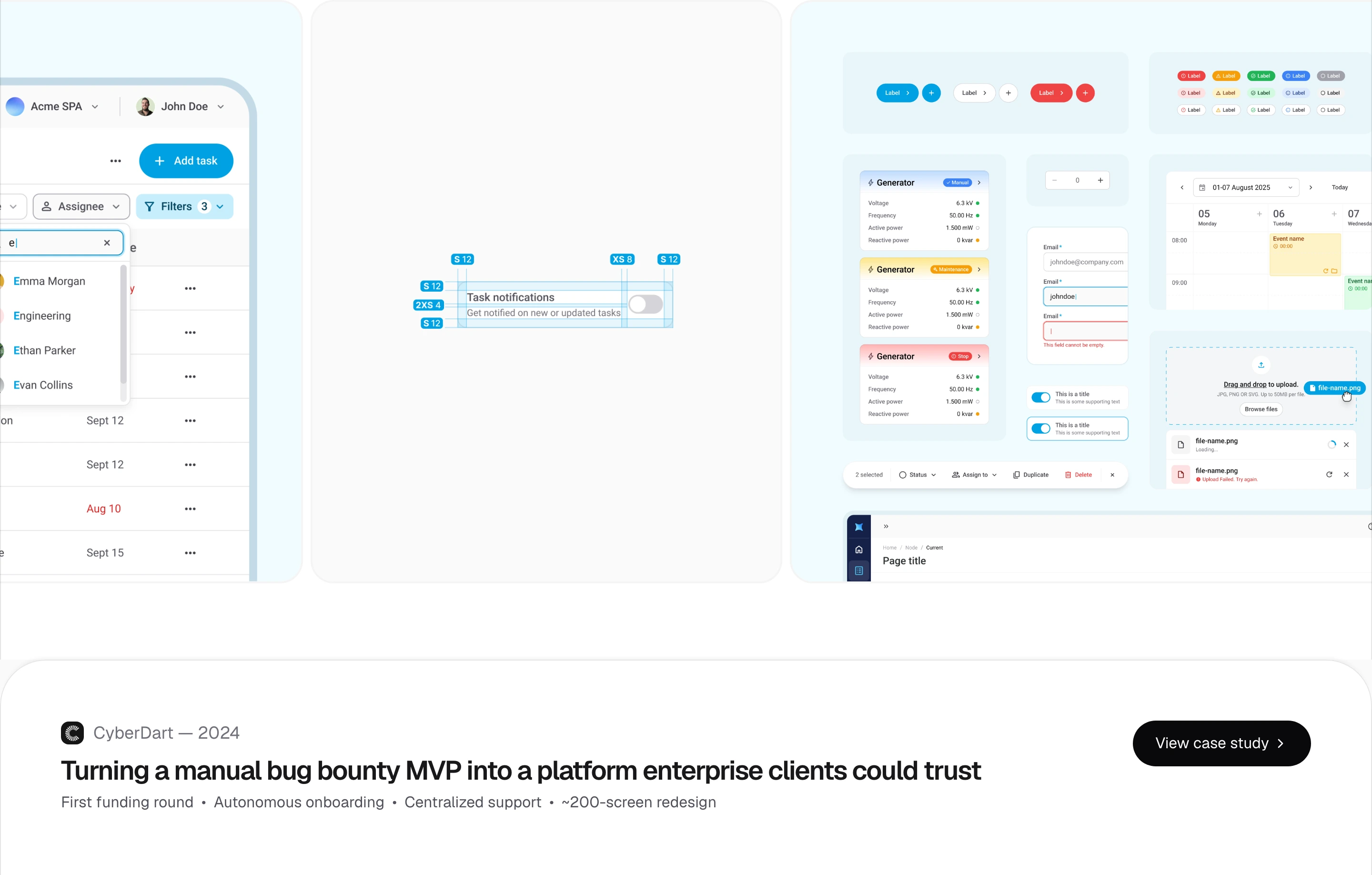 A clean portfolio case study showcase displaying layered product UI design system components over a stark white backdrop.
