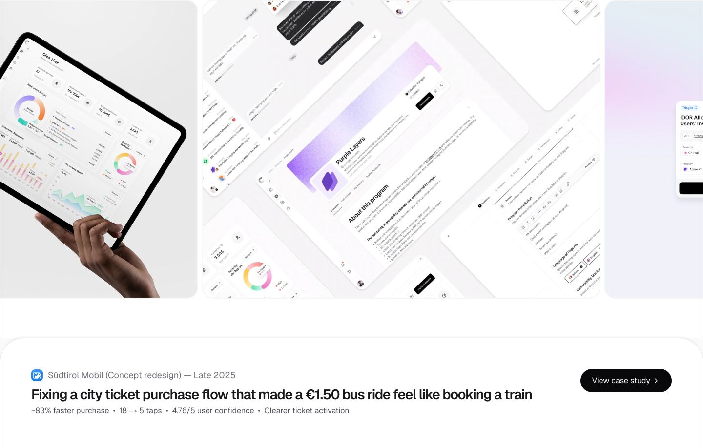 A polished portfolio case study preview featuring floating isometric product UI mockups with clean metrics and concise project metadata below.