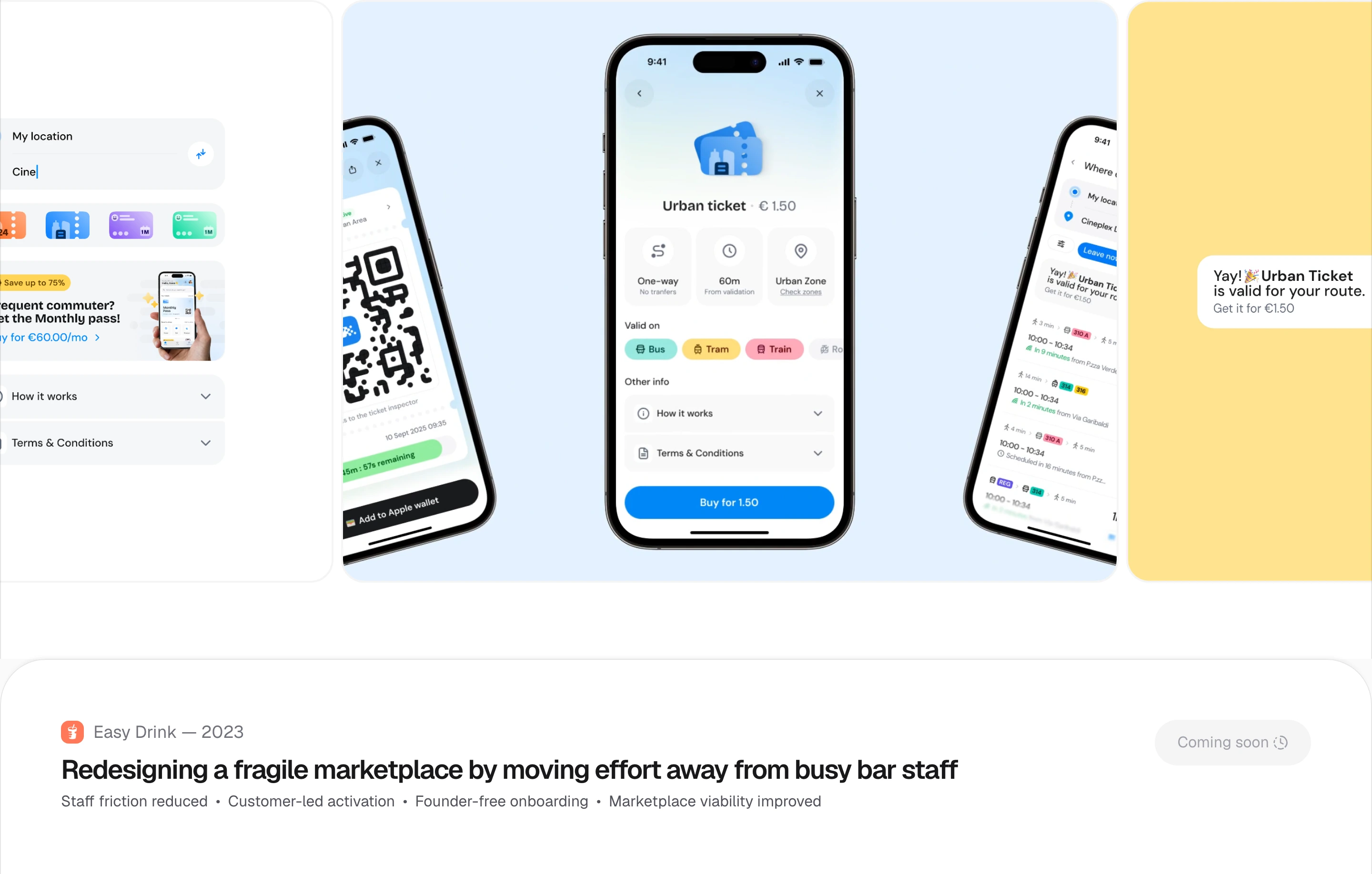 Clean product case study showcase featuring floating mobile app mockups above refined typography and structured project metadata.