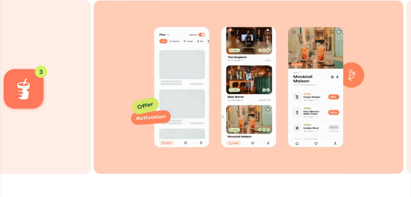 A warm, playful showcase card displaying mobile app mockups and floating feature pills across a peach-tinted container.