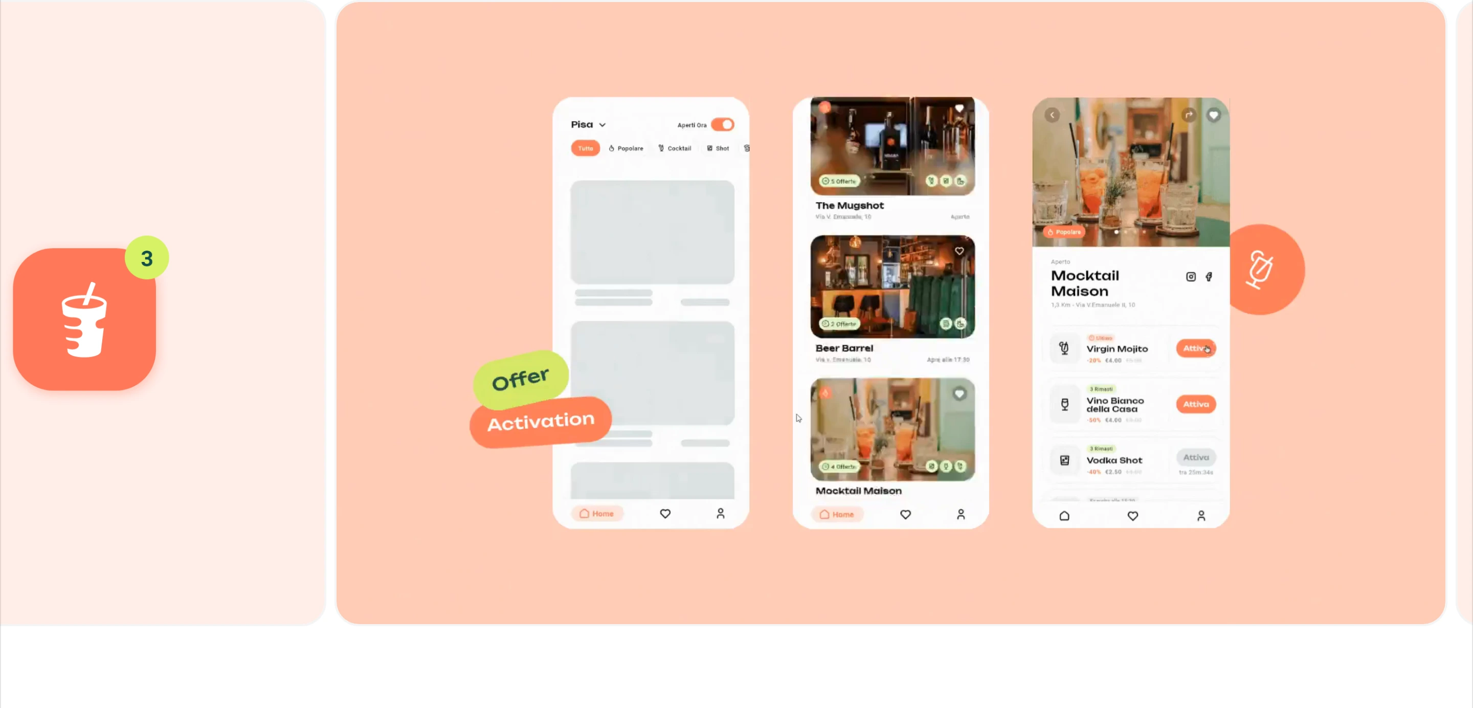 A warm, playful showcase card displaying mobile app mockups and floating feature pills across a peach-tinted container.