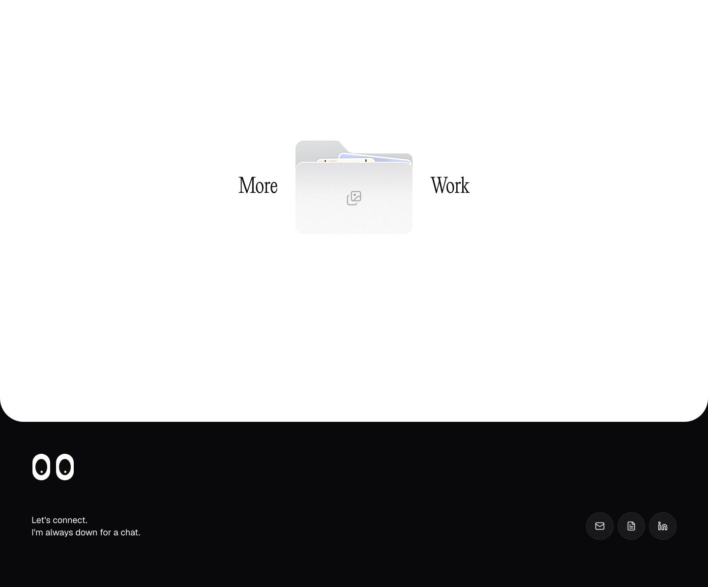 Ultra-minimal portfolio footer featuring a playful folder illustration between airy serif headings, transitioning smoothly into a dark contact bar.